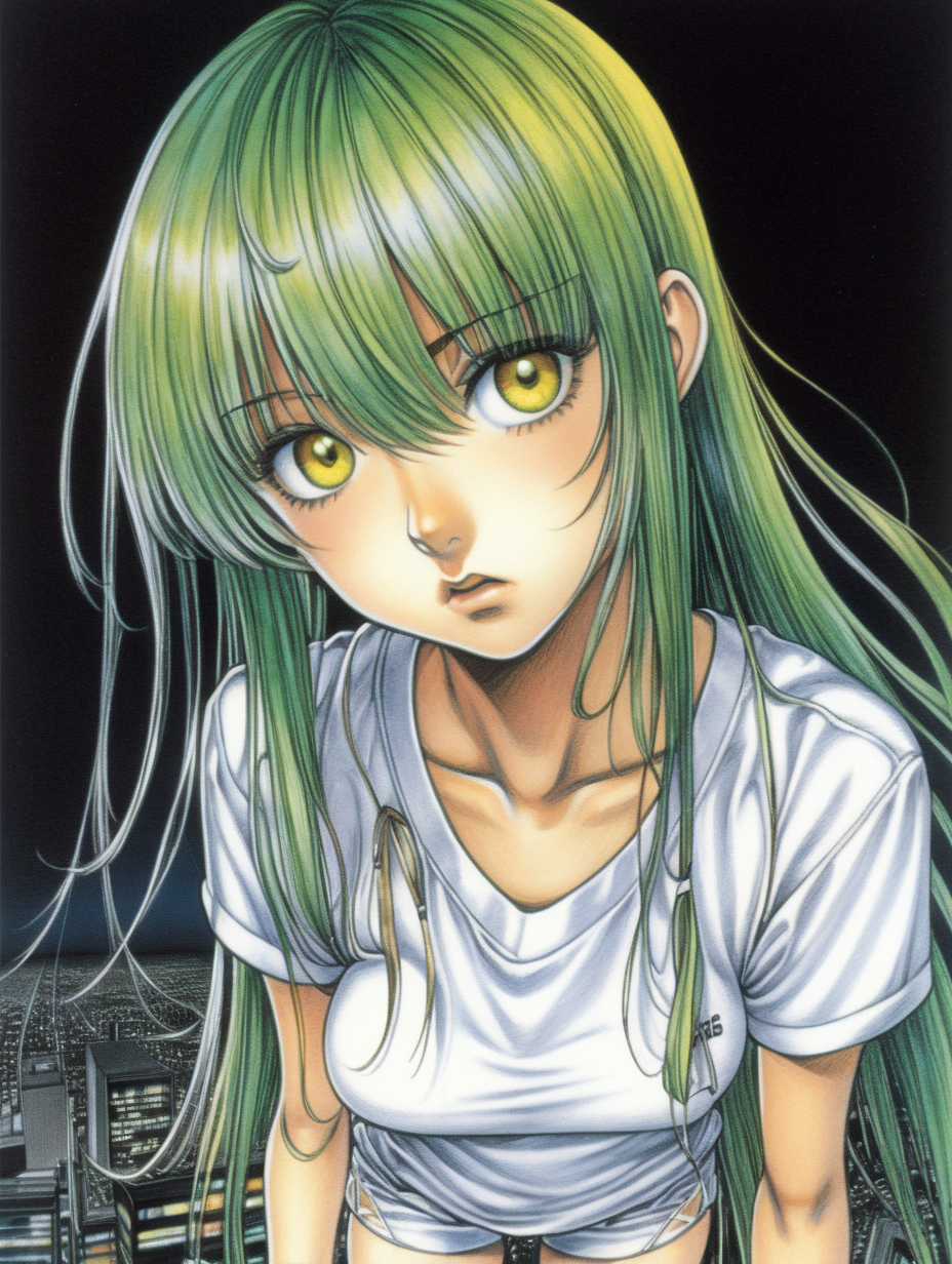 A slender adult girl with long green hair