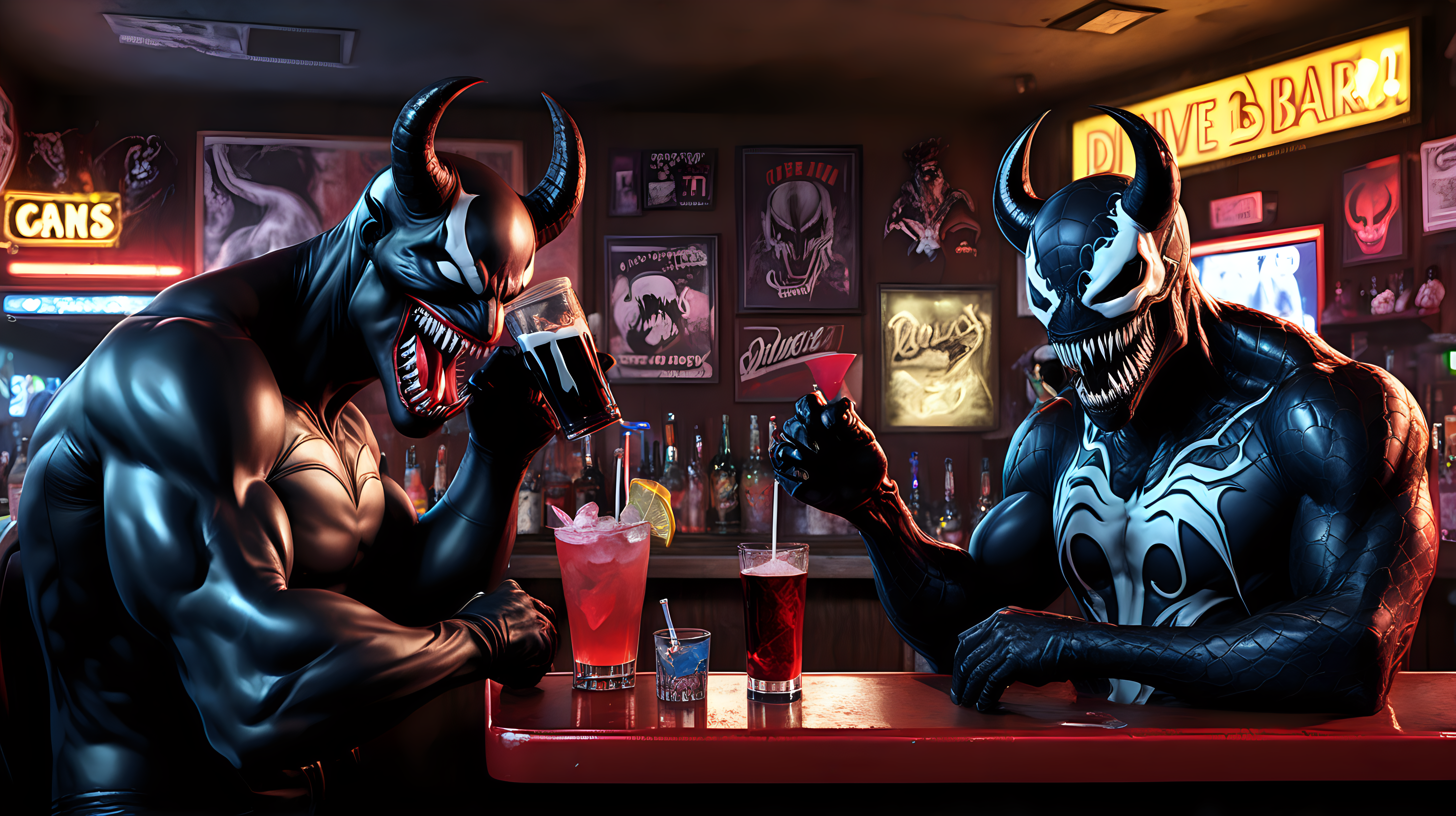 Devil and Venom have drinks in a dive