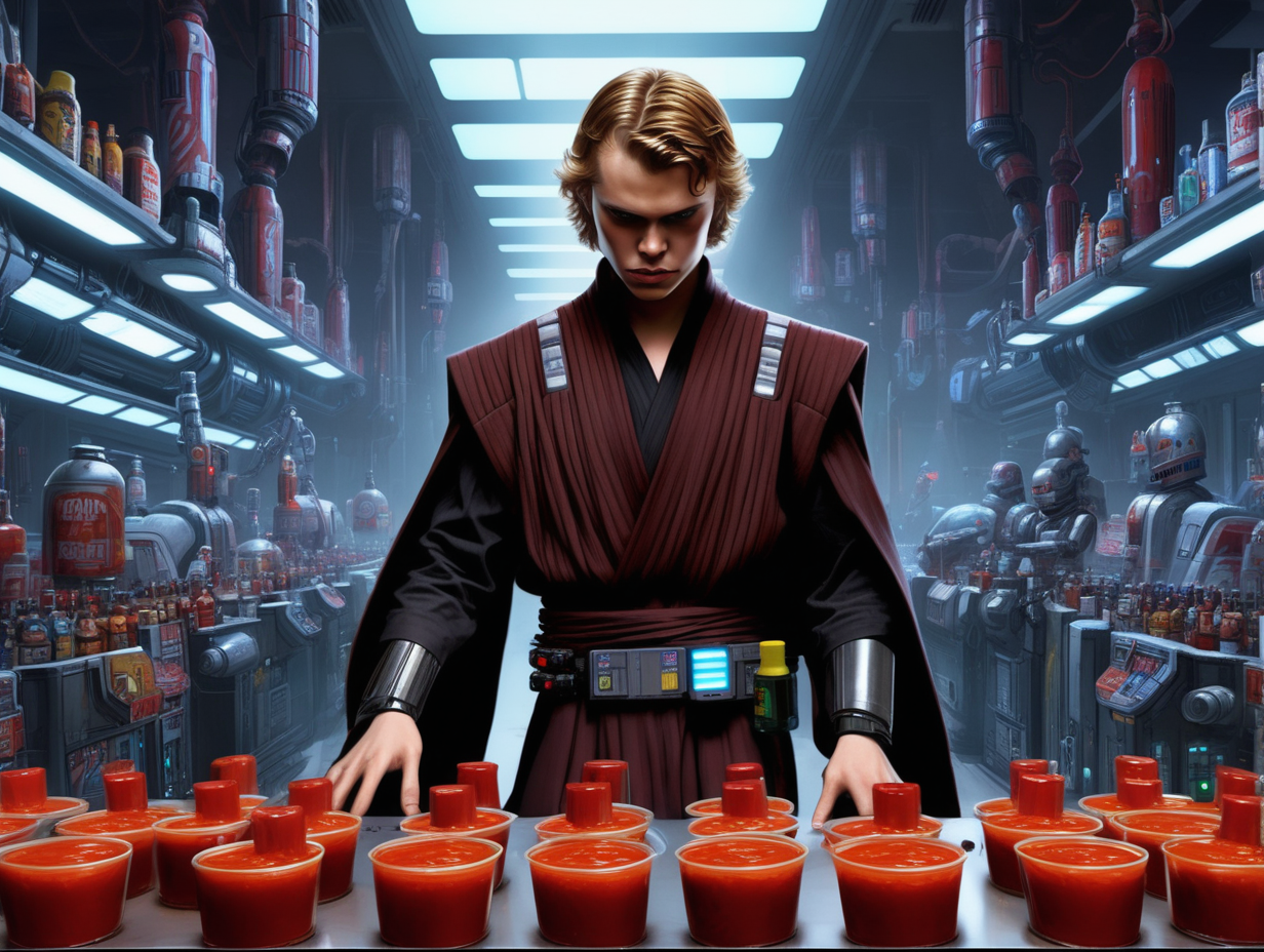 Anakin throws hot sauce in cyberpunk droid factory
