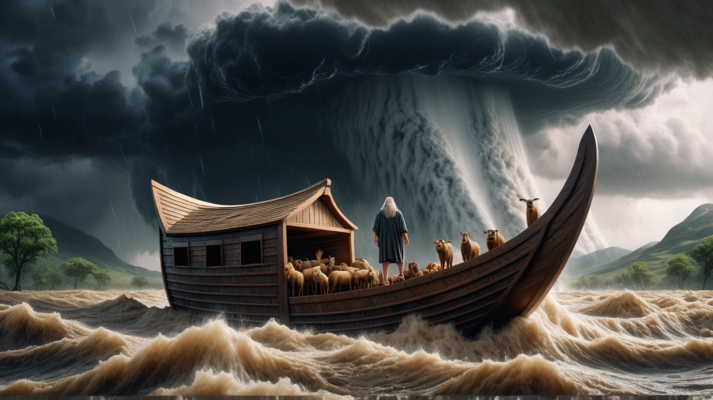 8k image of noah standing on an his ark, floating in a great flood, animals inside of arc, water levels higher than mountains, water above trees, massive flood, extremly stormy
