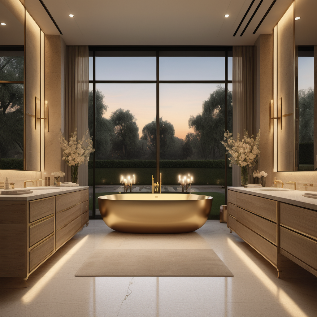 a hyperrealistic image of a grand modern estate home master bathroom inspired by Jerusalem; Beige, oak, brass colour palette; vanity table; floor to ceiling windows with view of the gardens; at night with mood lighting
