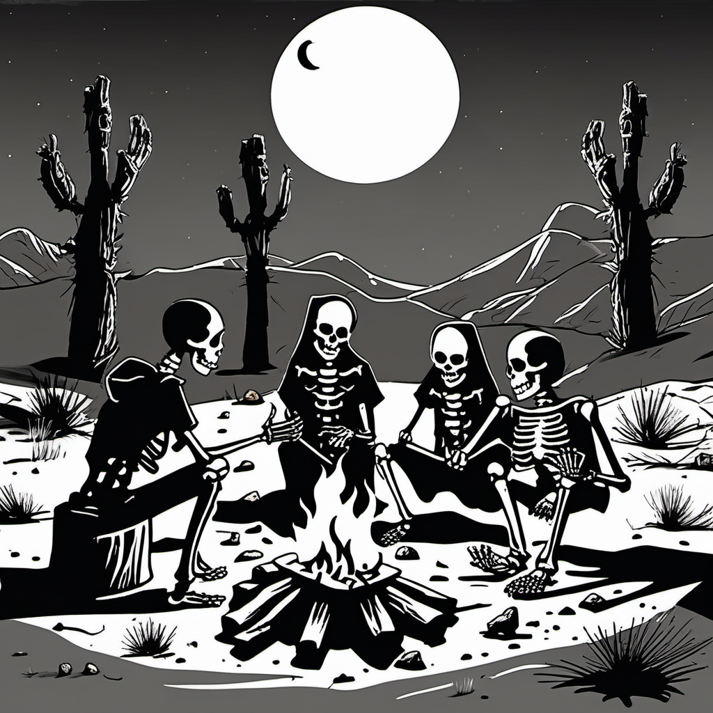 Desert, dark, scary, skeleton telling stories to five teenagers near a campfire
