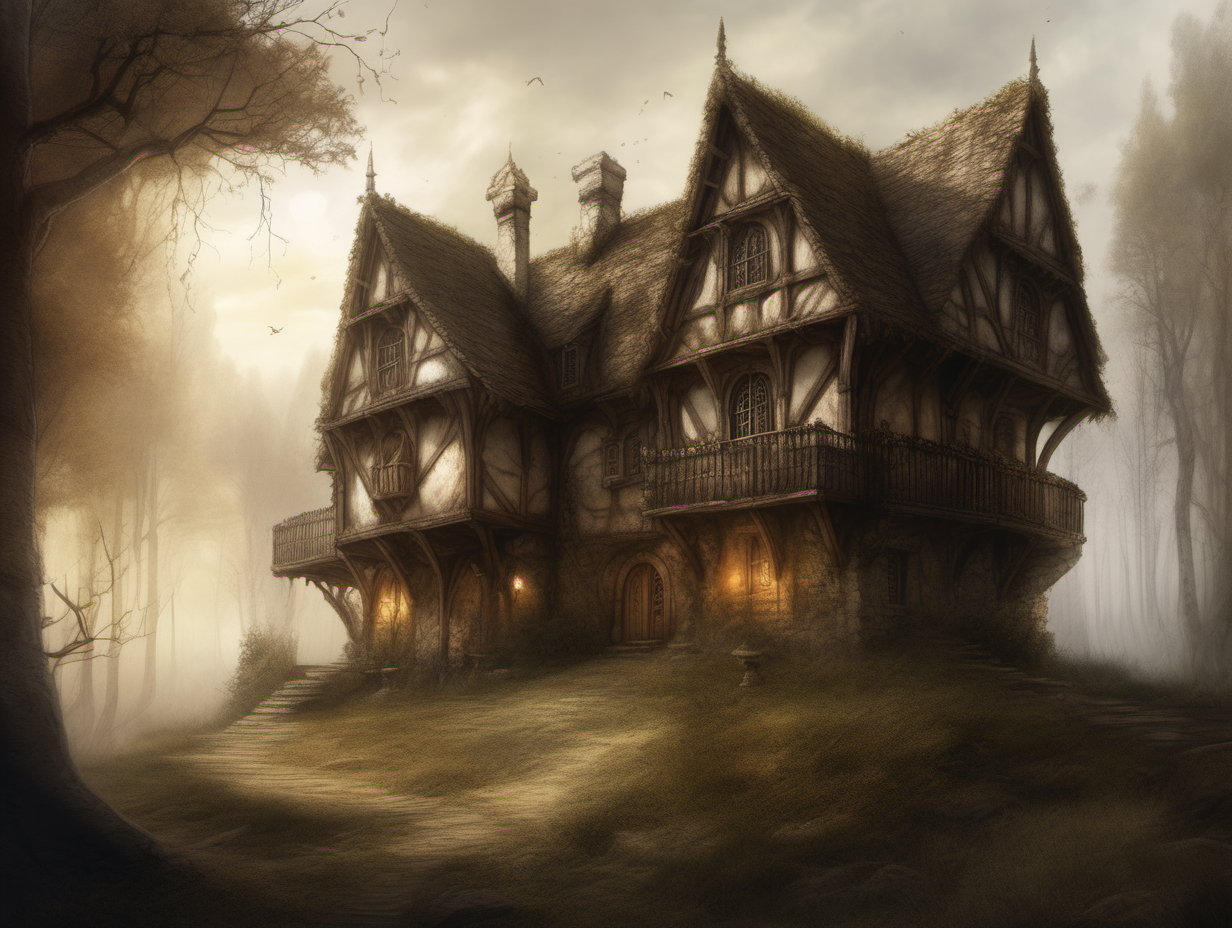 genera una ilustración estilo Luis Royo de una casa medieval de dos plantas situado en el claro de un bosque de fantasía, luz etérea y cálida


