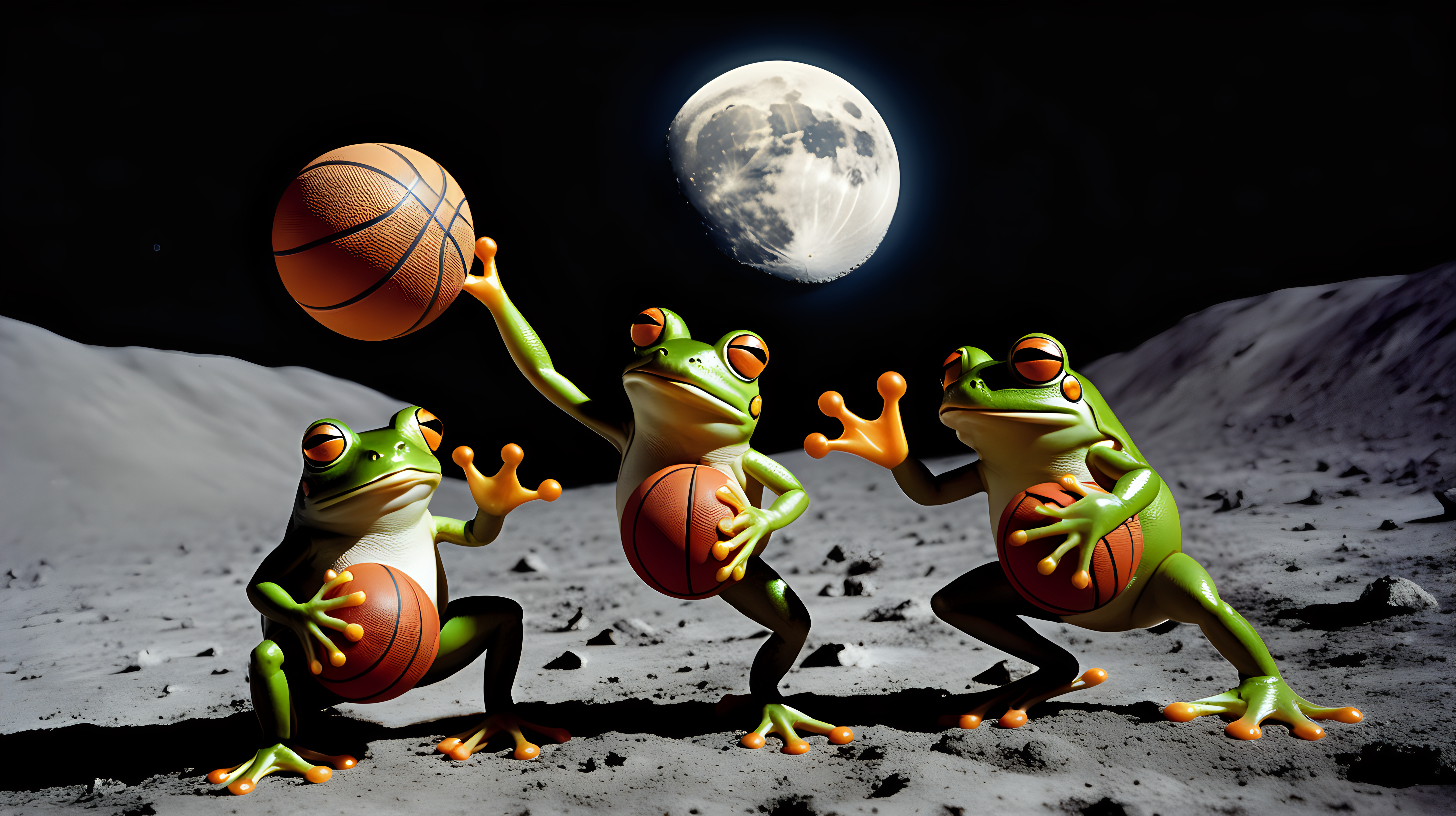 frogs playing basketball on the moon