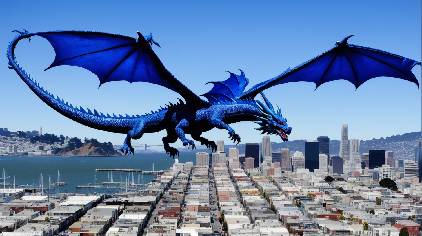 blue dragon flying over San Francisco