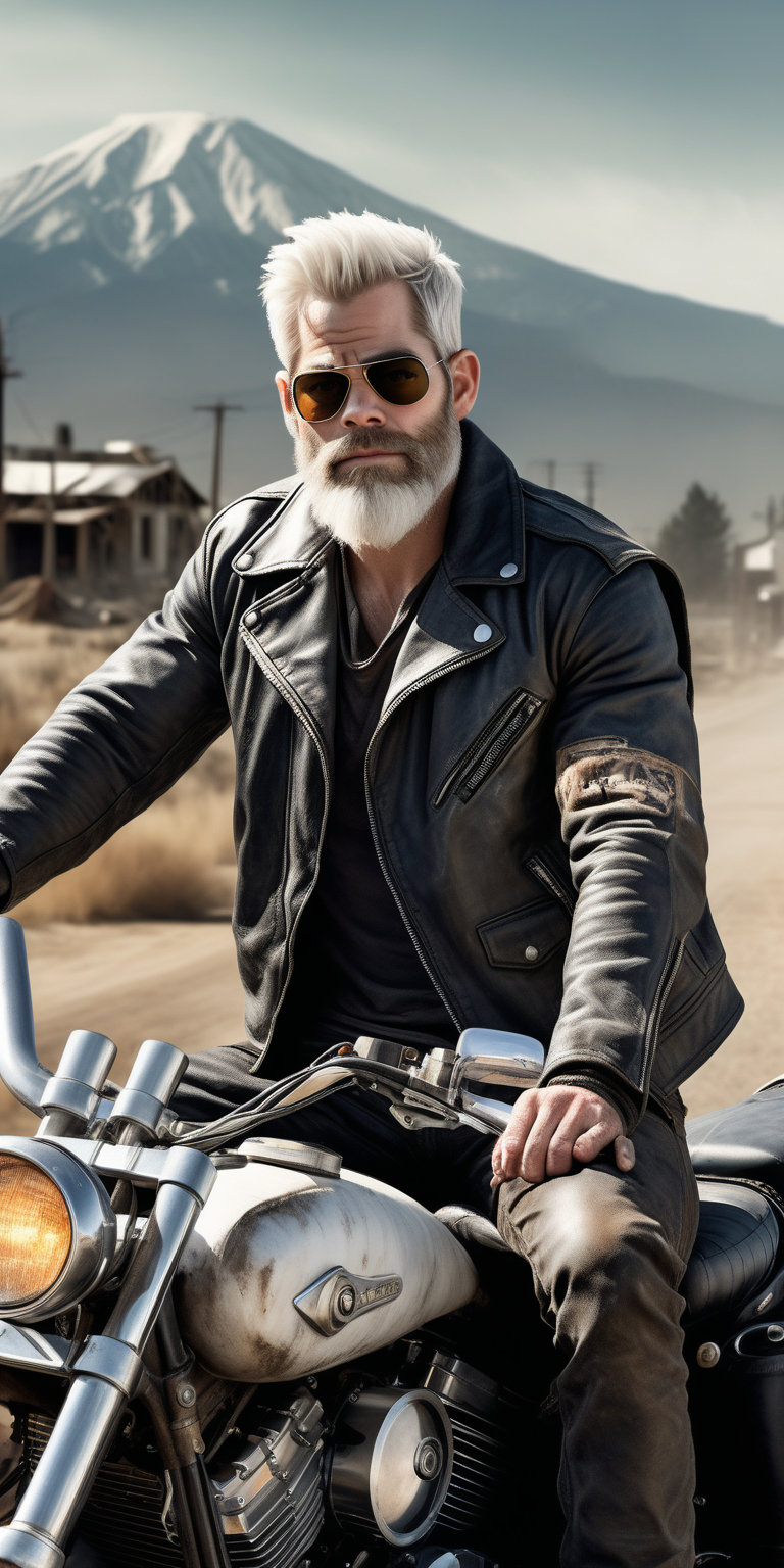 Chris Pine as a post apocalyptic survivor, 55 years old,  wearing aviator sunglasses, MC biker vest, with slicked back all white hair and big all white beard, sitting on motorcycle, in front of a post apocalyptic Eugene Oregon background, photorealistic, hyper realistic 
