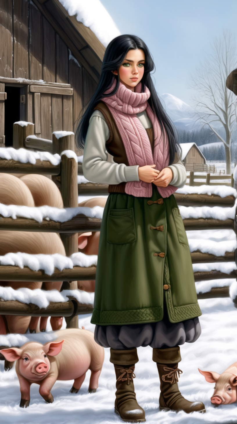 A beautiful peasant woman with long black hair and green eyes works in the pen in front of the barn. Around her are piglets - small and pink. Everything is in mud. The barn is surrounded by a fence of old wooden posts and wire mesh. It's winter, everything is covered with a thick layer of snow. Mud and snow mix. The peasant woman has put on low to the ankle rubber boots on her feet. Brown coarsely knitted woolen socks stick out from them - up to the middle of the leg and. On top of them, to keep her warm, she has put on green - brown, very wrinkled and crumpled woolen knitted gaiters. It is worn with thick elastic leggings, over it there is a shotr knitted skirt in black and brown. A chunky brown-gray wool sweater with a chin-high collar is snug around her. over it she wore an off-white furry sleeveless sweater with a triangle neckline. Above all this is a short  quilted waistcoat in green which is unbuttoned. On his head he wears a thick knitted woolen gray hat - an ushanka. He also has a thick scarf sloppily draped around his neck. He also wears gray knitted woolen fingerless gloves. across the waist, a thin hemp rope is wrapped 2-3 times.