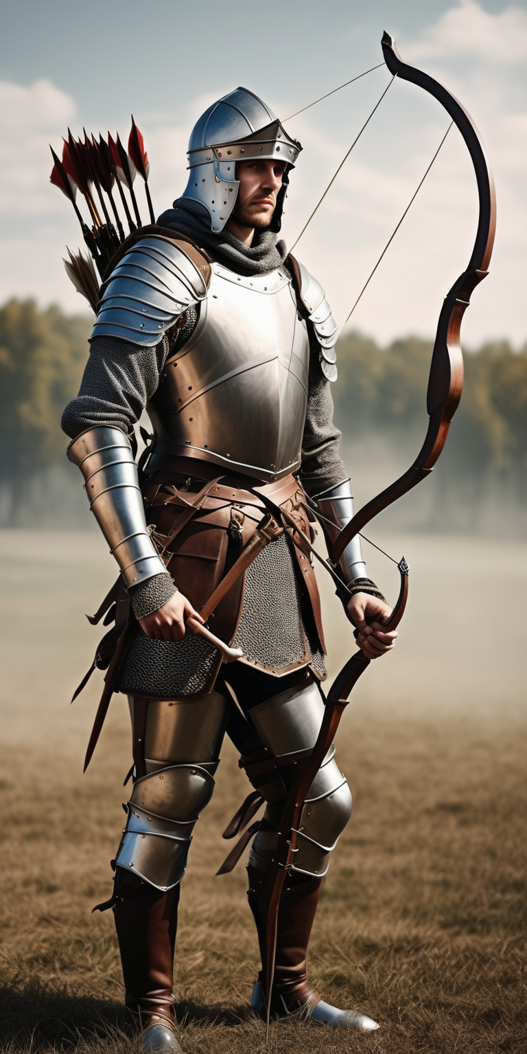 Realistic medieval male archer in armor stood in battlefield with helmet