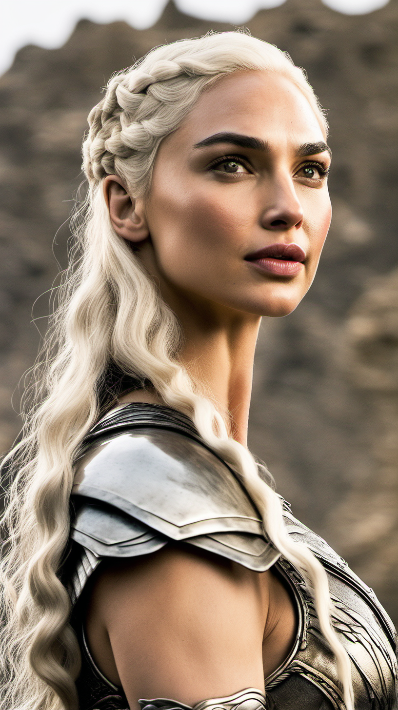 Gal Gadot, with long platinum blonde hair, dressed like Daenerys Targaryen