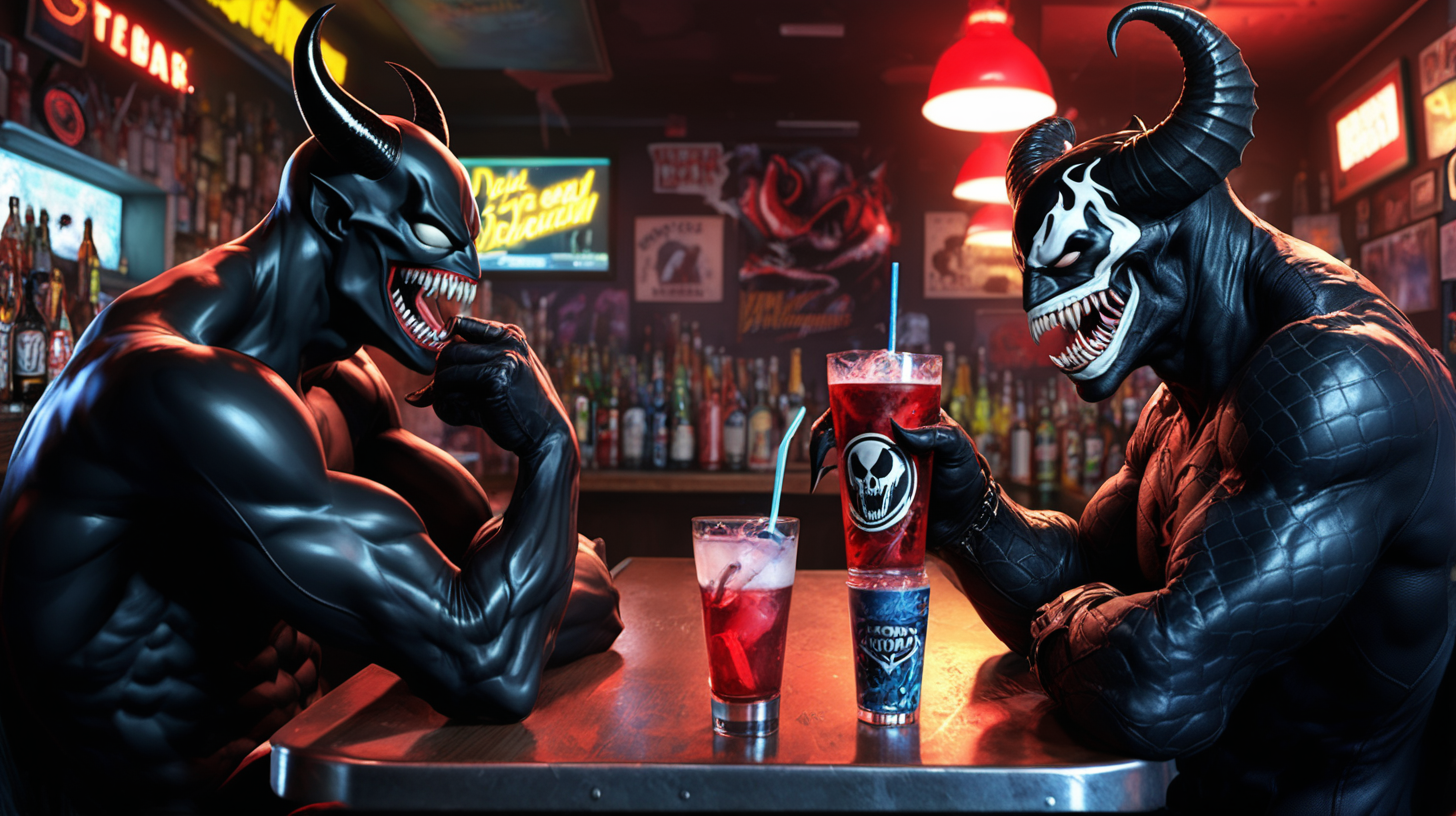 Devil and Venom have drinks in a dive bar