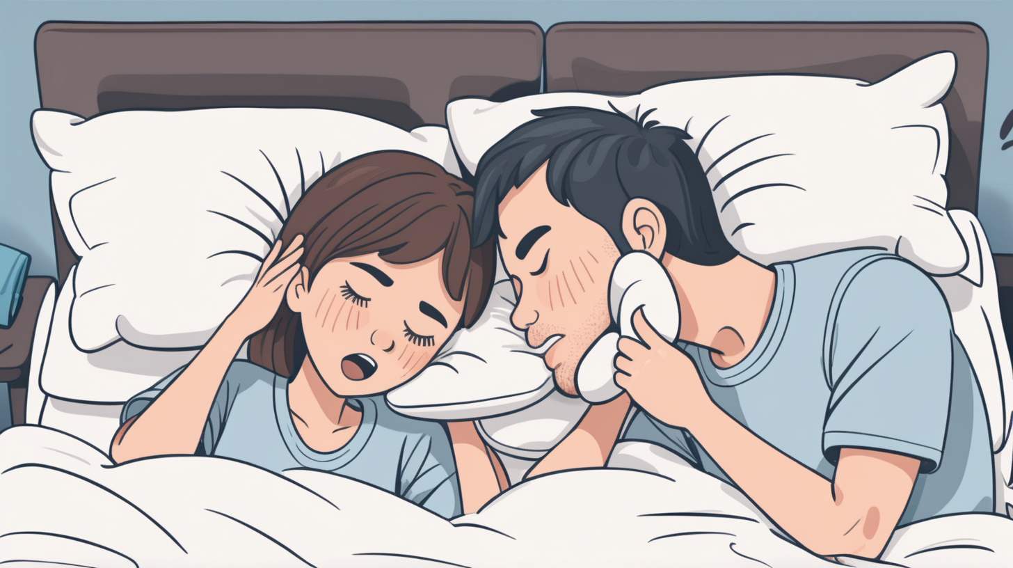 A simple illustration of couple on bed snoring covering ears with pillow. Close up