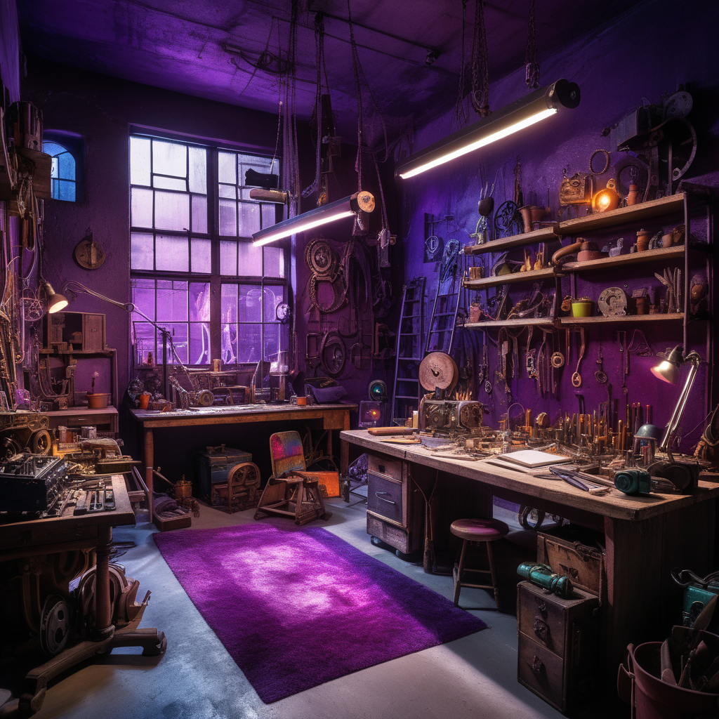Conjure an image of a colorful workshop set in a dystopian, urban setting. The room is bathed in a deep purple ambiance, creating a mysterious and captivating atmosphere. Inside this expansive workshop, you'll find an eclectic mix of mechanical devices, small trinkets, and battered iron tools, each contributing to the room's vibrant, almost psychedelic, feel. The deep purple lighting enhances these colorful elements, casting rich, mesmerizing shades and creating an alluring, surreal ambiance. There are no screens or digital elements; instead, the emphasis lies on the raw, colorful, and lived-in nature of the workshop. This is a place where innovation thrives amid the vivid, chaotic creativity of the urban landscape.
