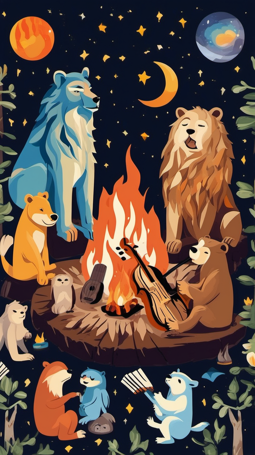 cosmic campfire with animals playing music lion bear wolf owl