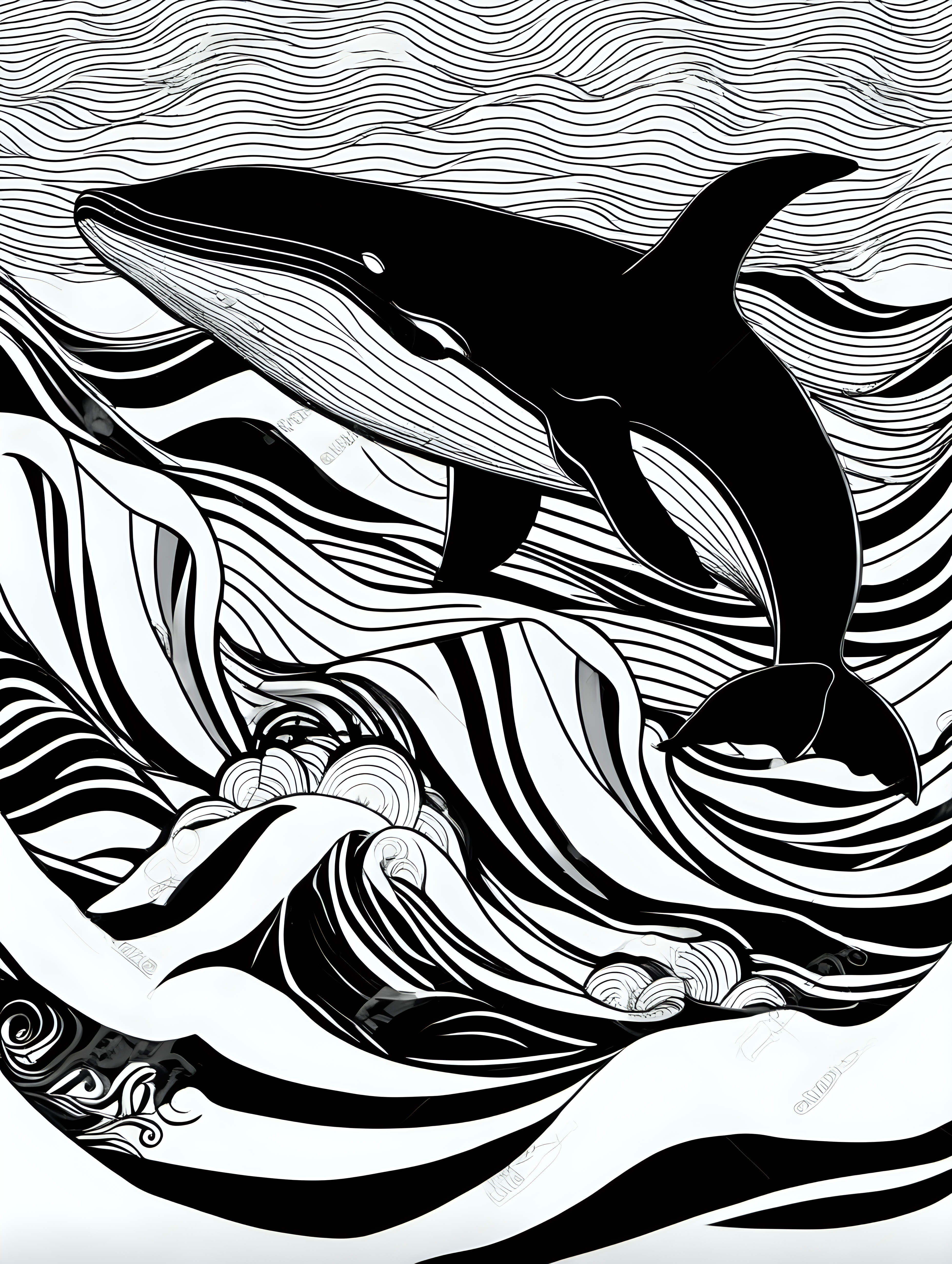 whale in waves full abstract background, simple draw, no colors