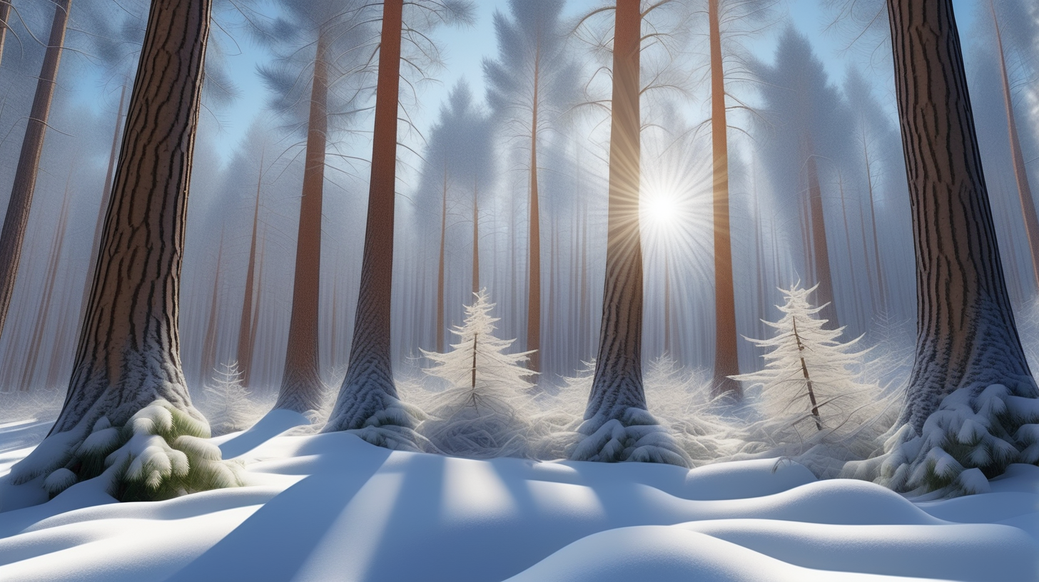В лесу зима,  солнце светит ярко на синем небе, падает снег , снежинки кружатся в воздухе и ложатся на деревья высокие сосны, ели, дубы  и  на землю