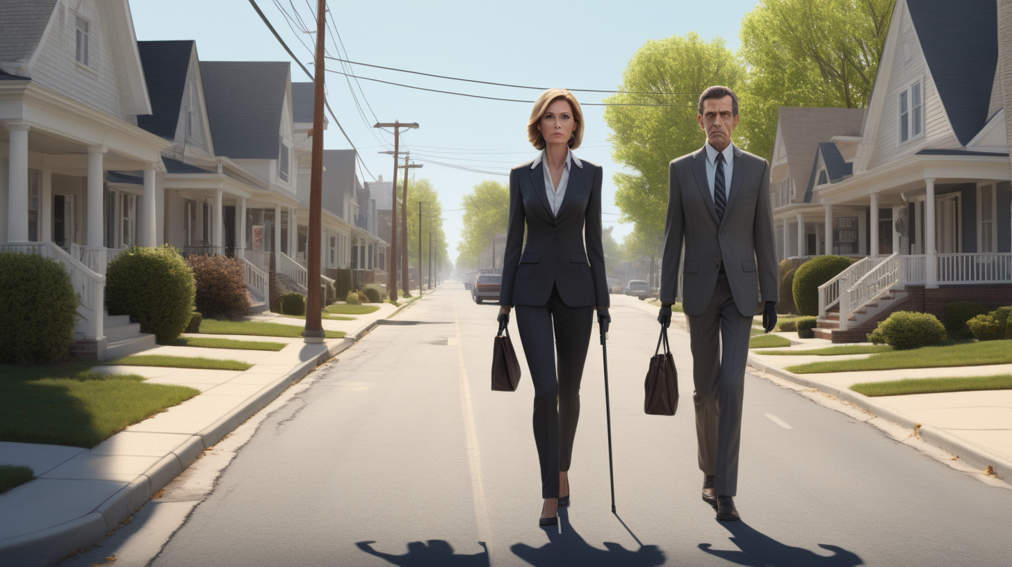 One middle aged and tired female agent is walking down the middle of a perfect suburban main street on spring morning. 20 feet behind her is a 25 year old male agent who is very skinny with paranoid-looking eyes. Far away on the sidewalk is an old man with a cane looking back at the agents  with an evil grin