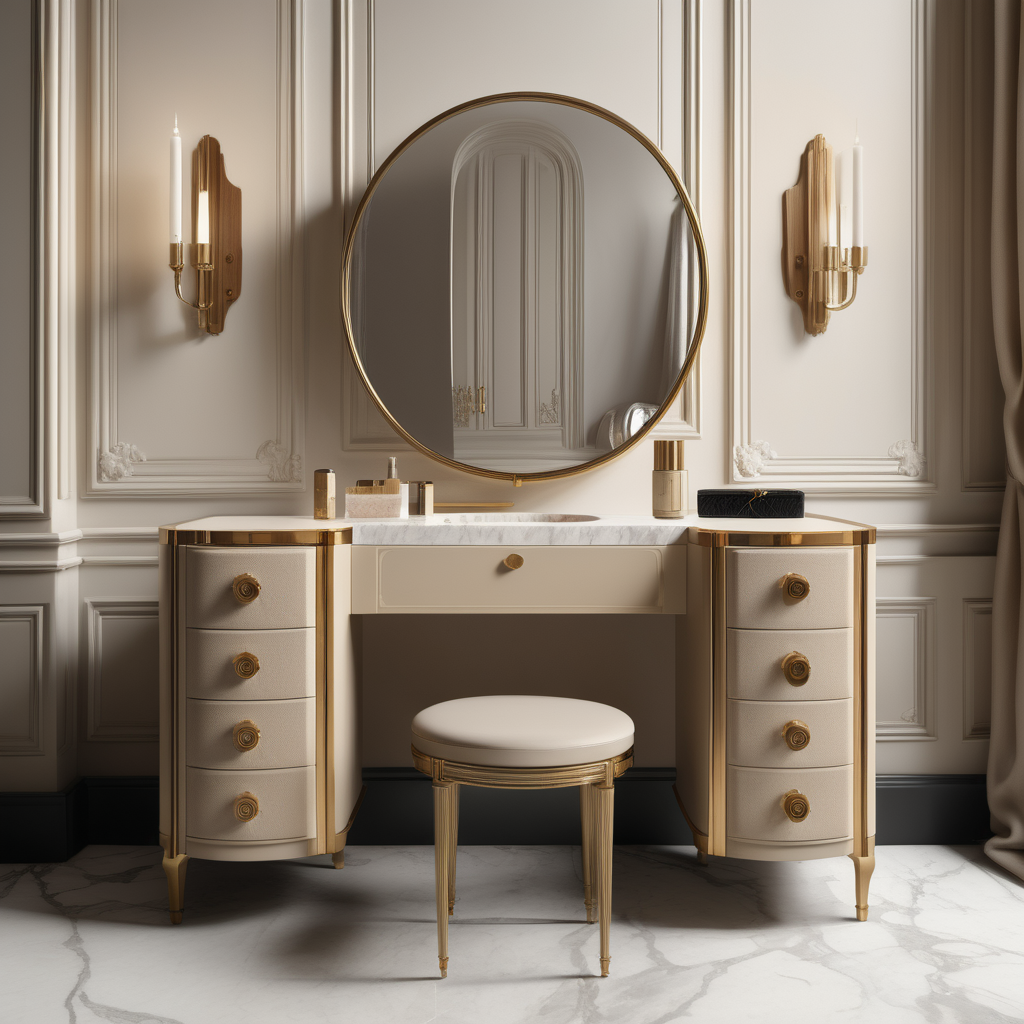 a hyperrealistic image of a modern Parisian  vanity table  in beige, oak and brass 
