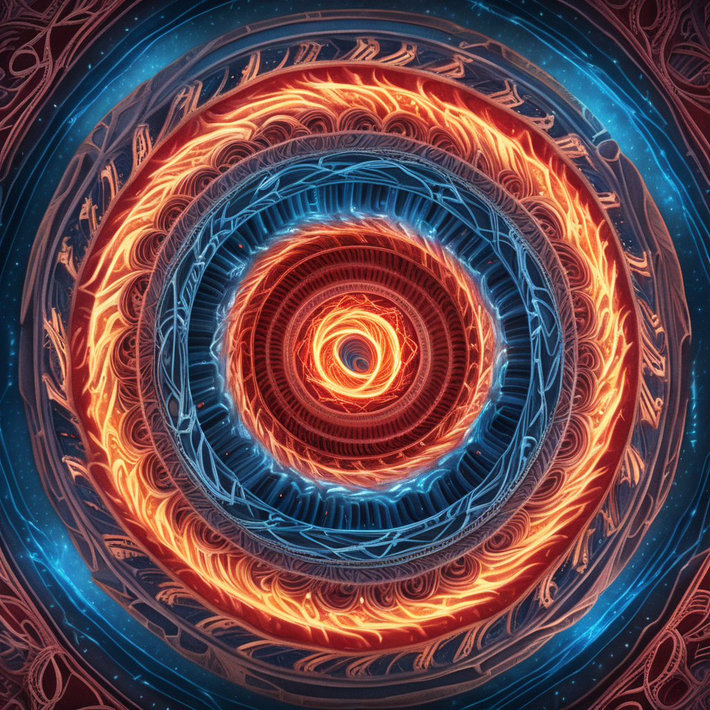 book cover design for a sci-fi story a swirling fiery red whirlpool in the middle of a symmetrical mandala made of glowing blue threads of fate