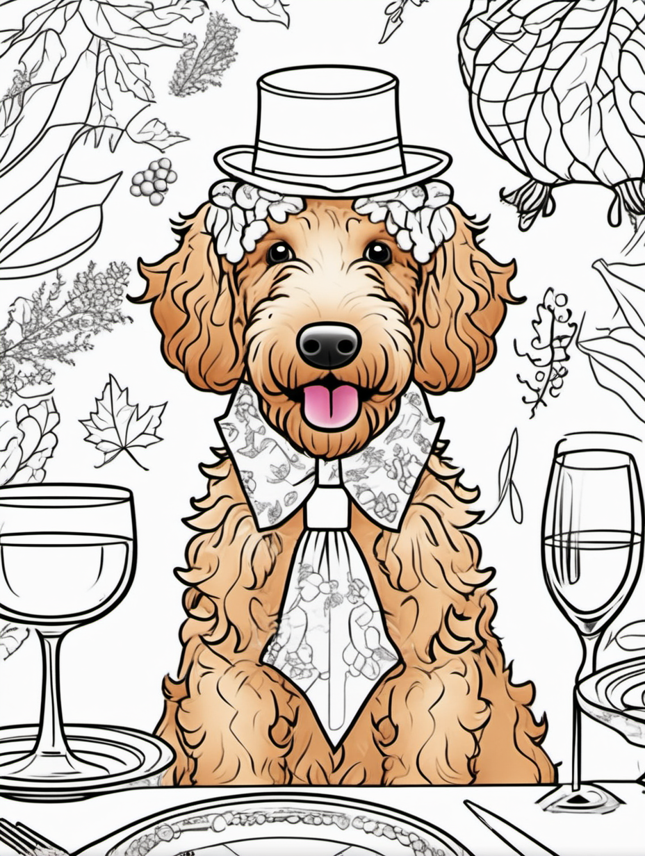A cute smiling goldendoodle at a whimsical Thanksgiving Day dinner with other animals in fancy attire for a coloring book with black lines and white background