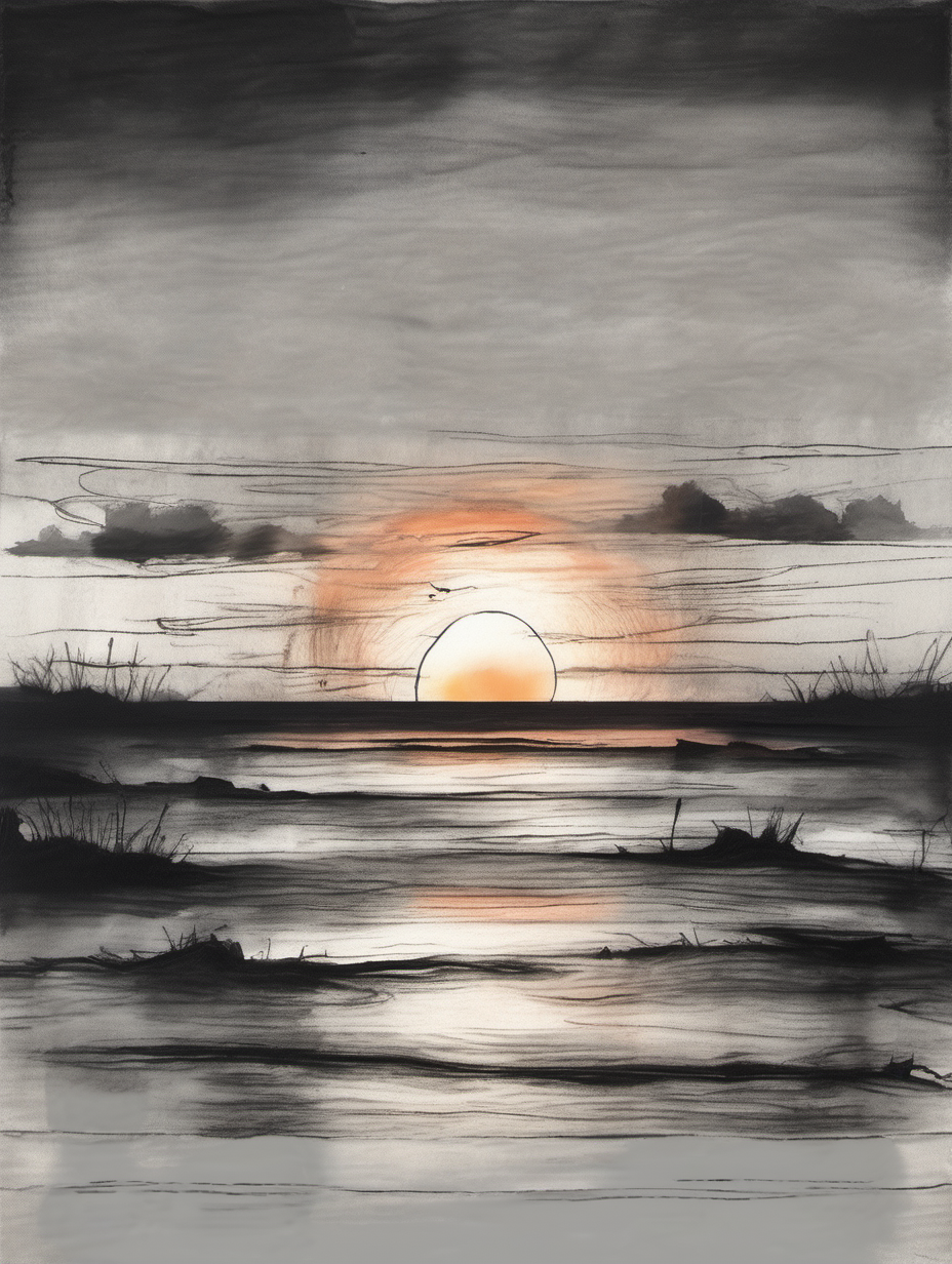 WALL-ART-DESIGN FEATURING A HAND-SKETCHED SUNSET OVER A BEACH HORIZON. GREYSCALE. DRYBRUSH PAINT, CHARCOAL, GRAPHITE AND BLACK INK. 