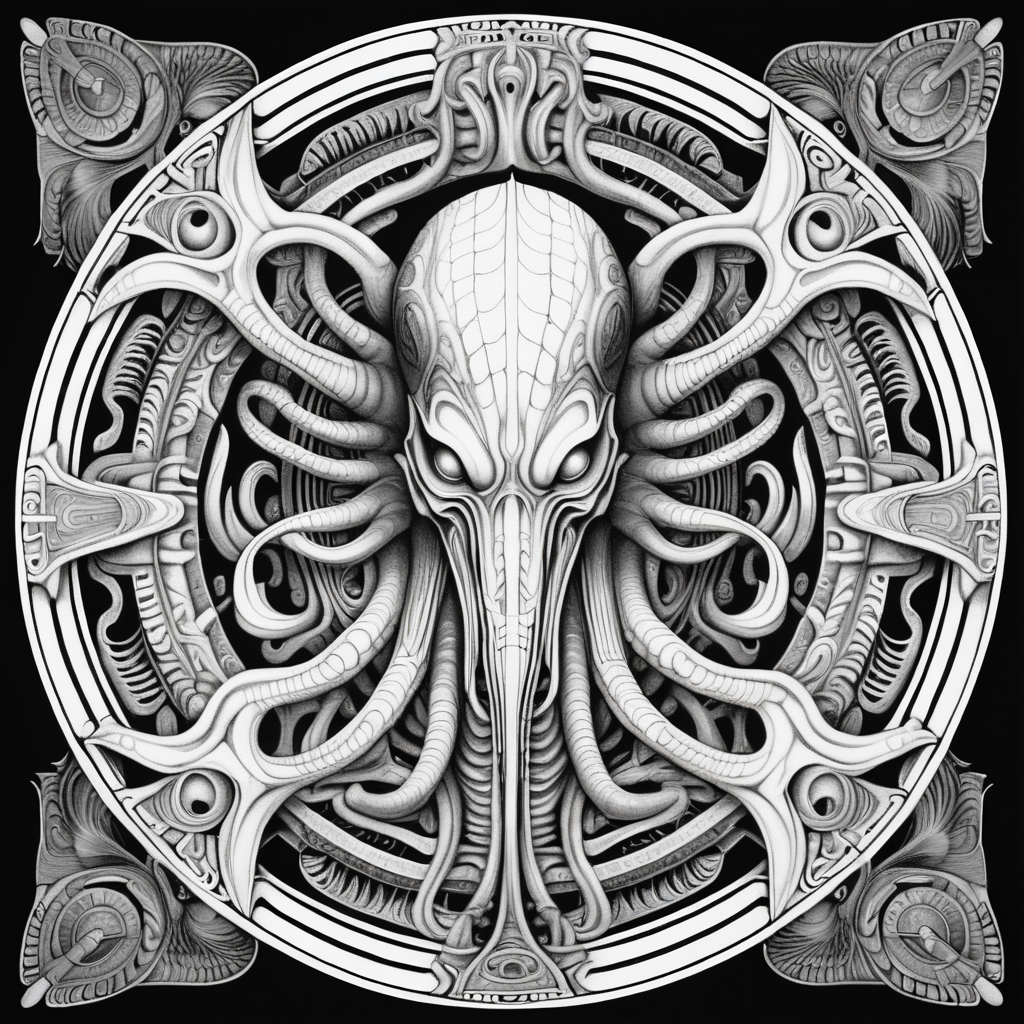 black & white, coloring page, high details, symmetrical mandala, strong lines, mind flayer in style of H.R Giger