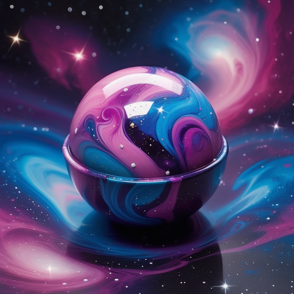 Witness the birth of stars in your bath with a bombs that mirrors the vibrant chaos of a galactic nebula, painting swirls of deep purples, blues, and pinks.
