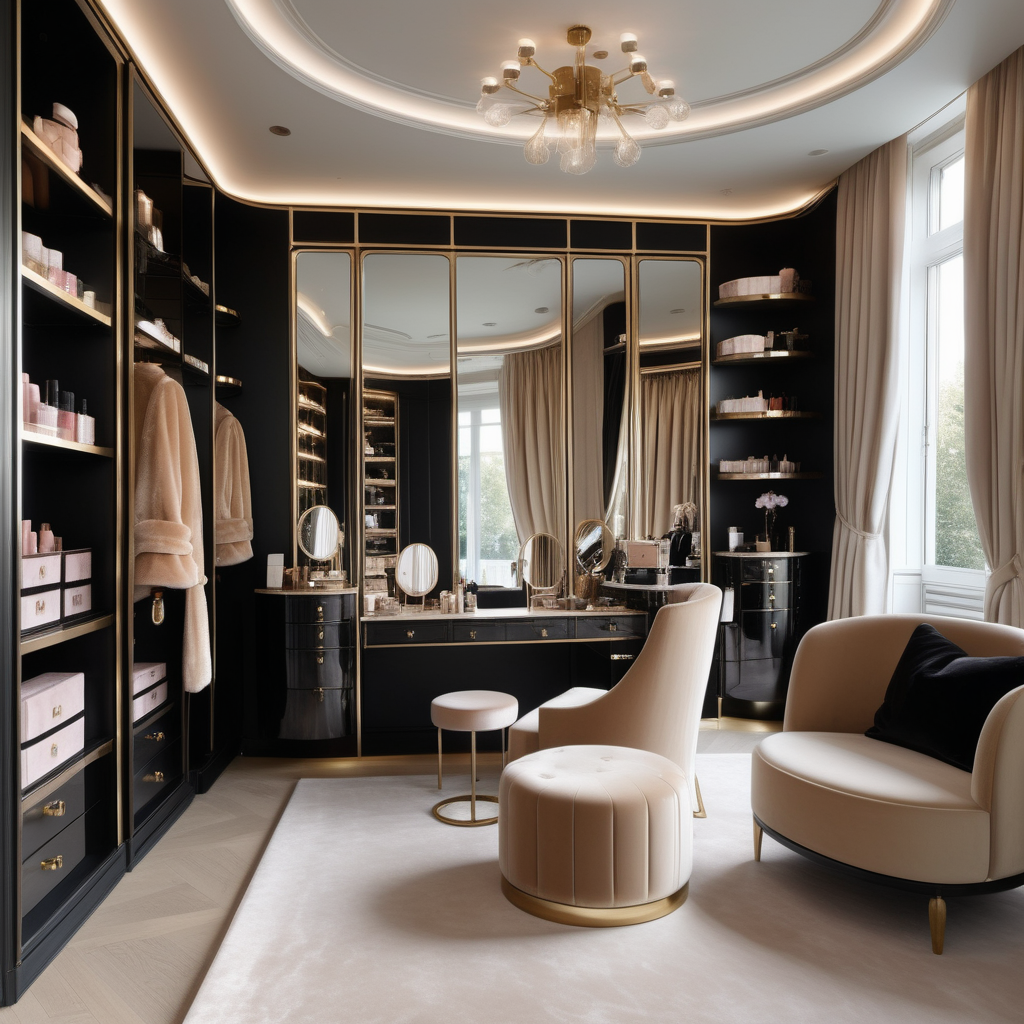 hyperrealistic image of modern Parisian home beauty and dressing room with vanity table with lights and velvet chair, brass shelving with beauty products, floor to ceiling windows, full length mirror, silk dressing gown hanging on the wall, elegant hat boxes, in a beige, oak, brass and black colour palette