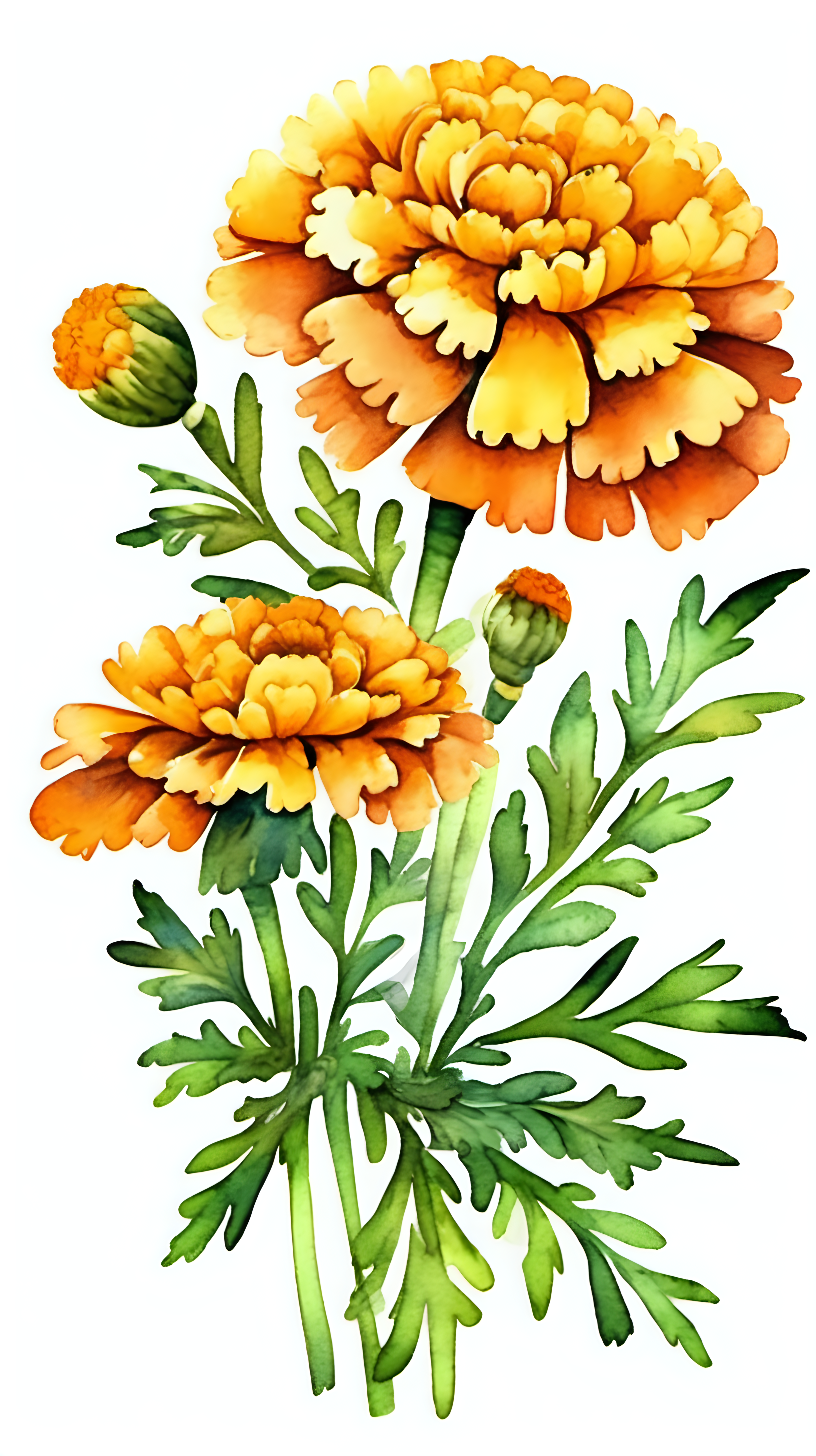 one Marigold, folk art style, festive mood, bright lighting, watercolor 
colorful clip art illustration, high detail, white background