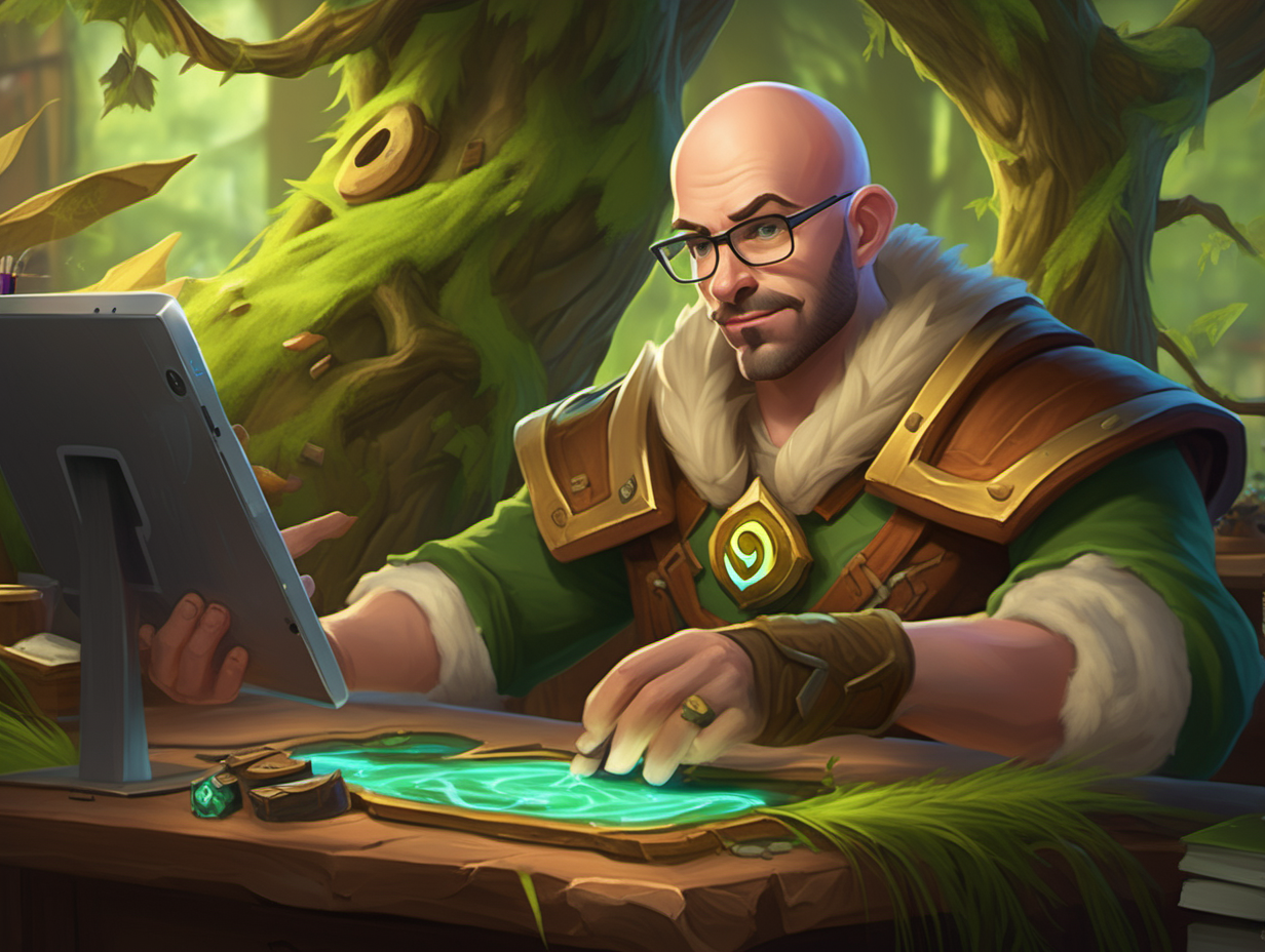 Digital art in the style of hearthstone card art. The subject is a male character on his 30s bald doing digital art on a wacom. The scene takes place in a office with natural elements such as things made of out of trees or grass.--v 5.3