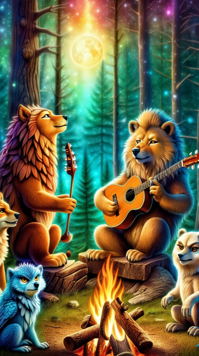 woodland creatures playing music campfire lion bear wolf owl cosmic galactic loving kind family friendly dmt 4k
