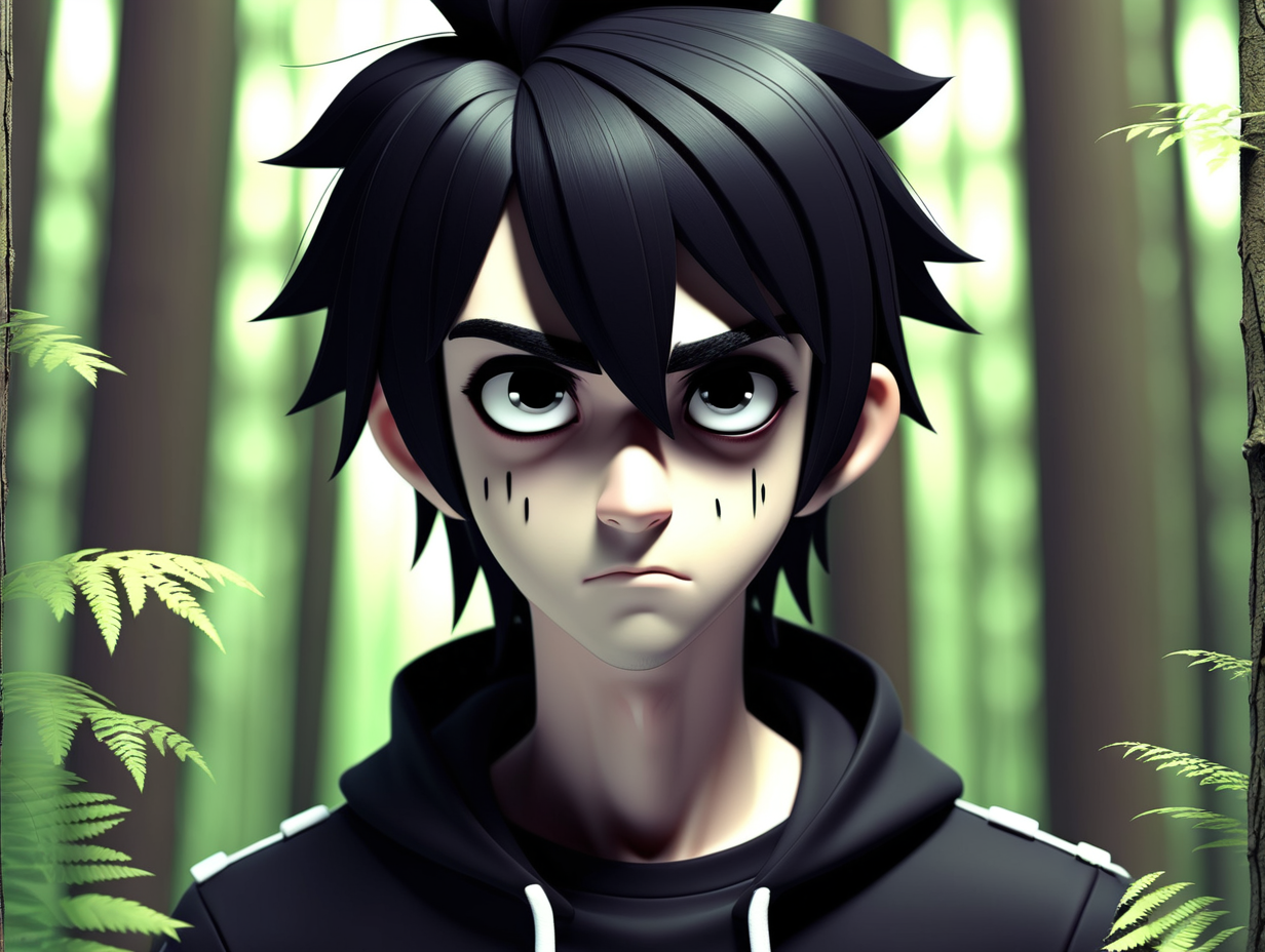 3d, anime, male, black hair, thick black eye brows, black eyes, emo, forest