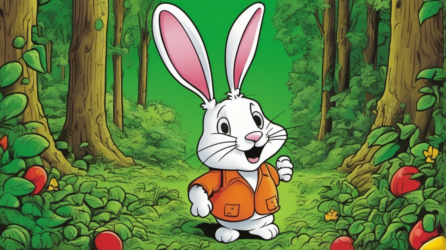 a smiling cartoon rabbit standing excited in front of a very large heap of colorful fruits in a green jungle