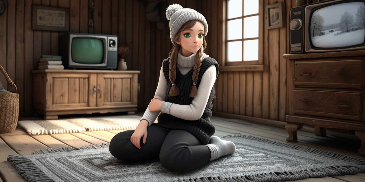 Village 30 years old girl. Long ponytile tied hair, green eyes. She is dressed very thick in a country style - with knitted white woolen socks. She wears black tight black thermo leggings. She wearing brown sweater with a high collar . She is wearing a white sleeveless sweater over it. She has a scarf wrapped around her neck. A thick knitted hat on the head. Knitting alone on the floor in the old and wooden house. Around her is an old sofa covered with a rug. There is a black and red traditional rug on the ground. Her bed is behind her - an old one with a spring and a metal frame. A television with a kinescope looks out from an old wooden cabinet. The windows of the house are frosted over - you can see a lot of snow outside. It's night.
