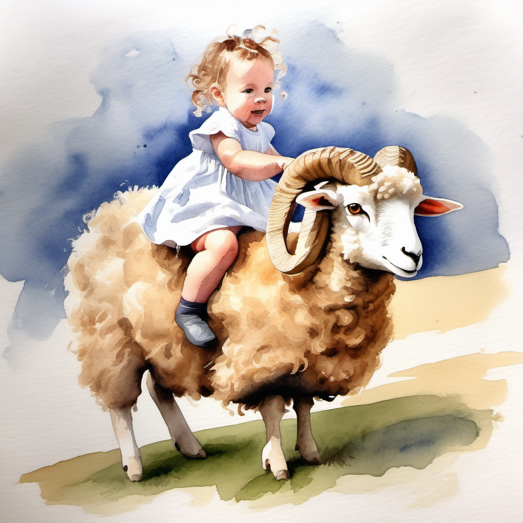 A watercolour painting of beautiful baby girl Lillie riding on the back of a Manx, brown curly horned loghtan sheep