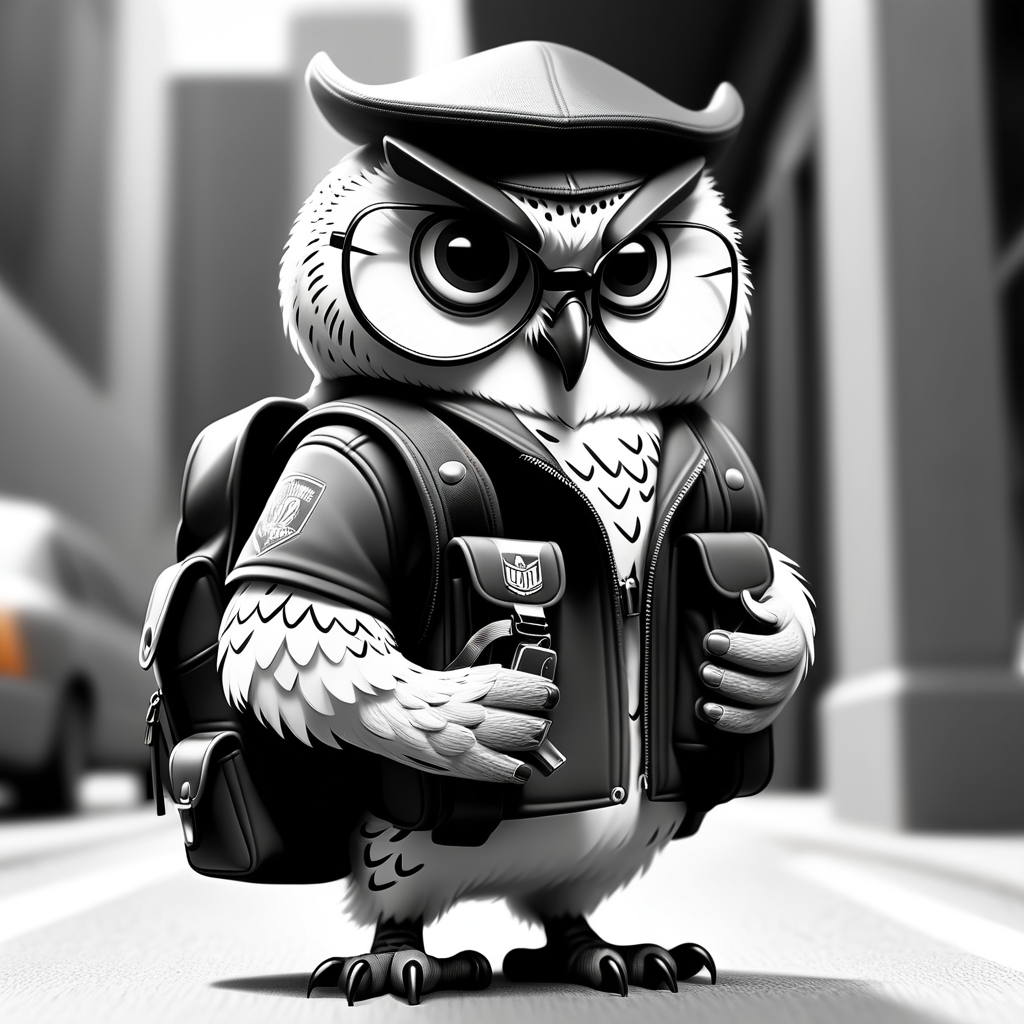 draw a street gangster owl wearing a backpack while holding a 9mm in black and white