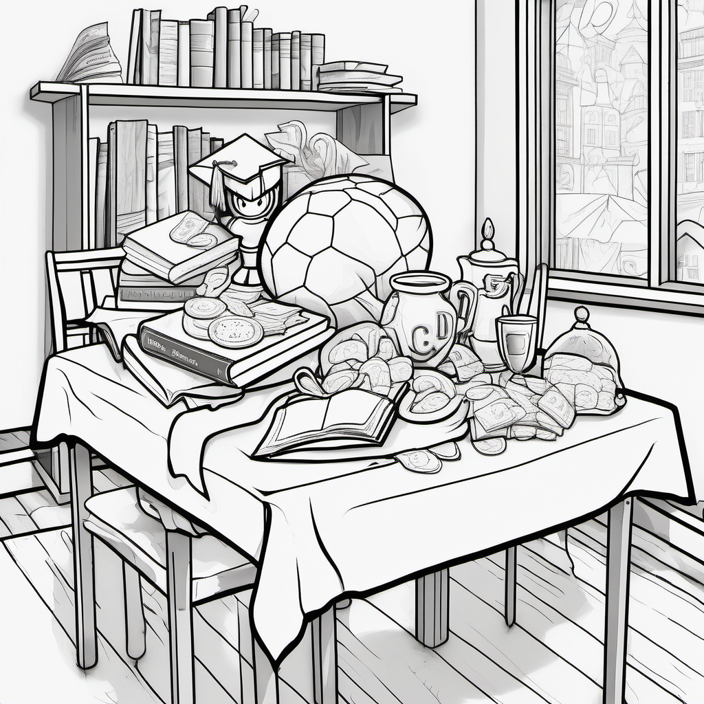 create an image without color for a kids' coloring book of a room with food on a table, trophies, graduation gown and cape, books and money