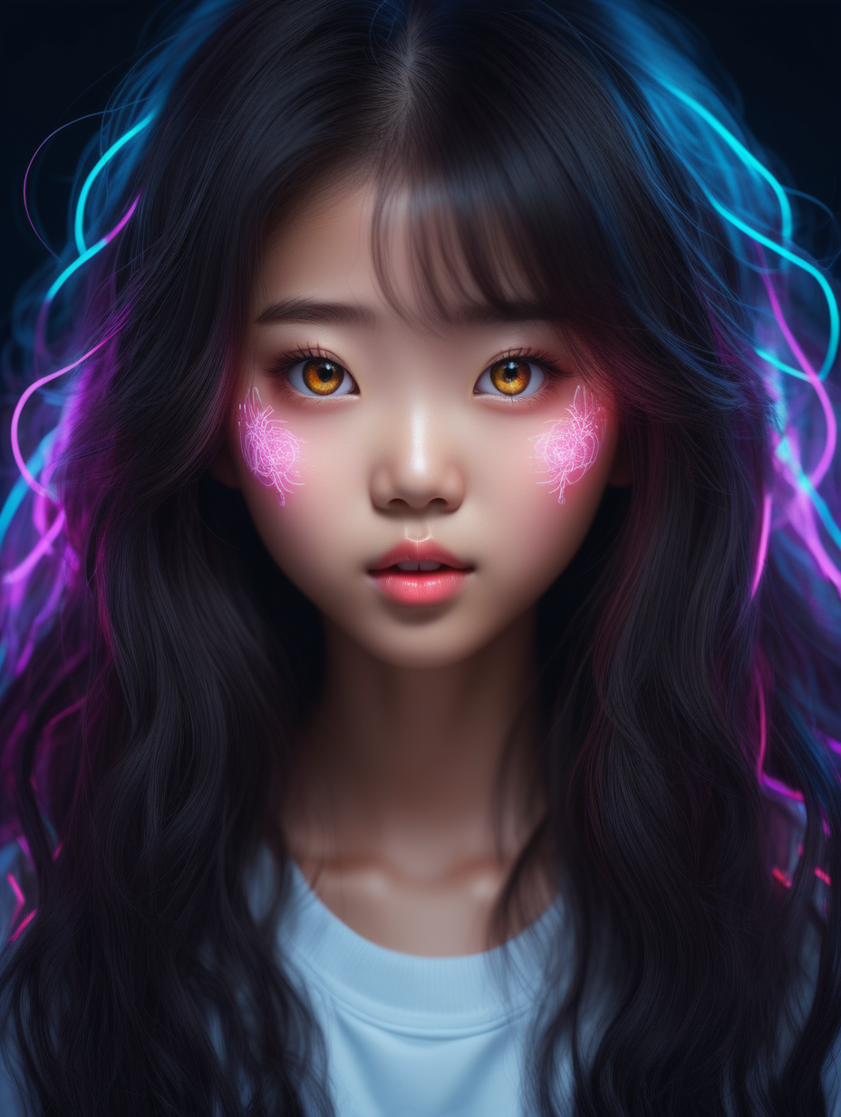 adorable cute asian girl with glowing eyes. portrait. voluminous hair. neon. very intricately and microscopically detailed. very intricately and microscopically detailed. glossy lips.