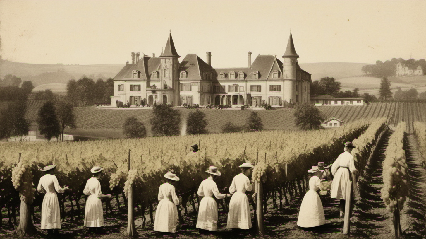 A vineyard with grape harvesters in the year