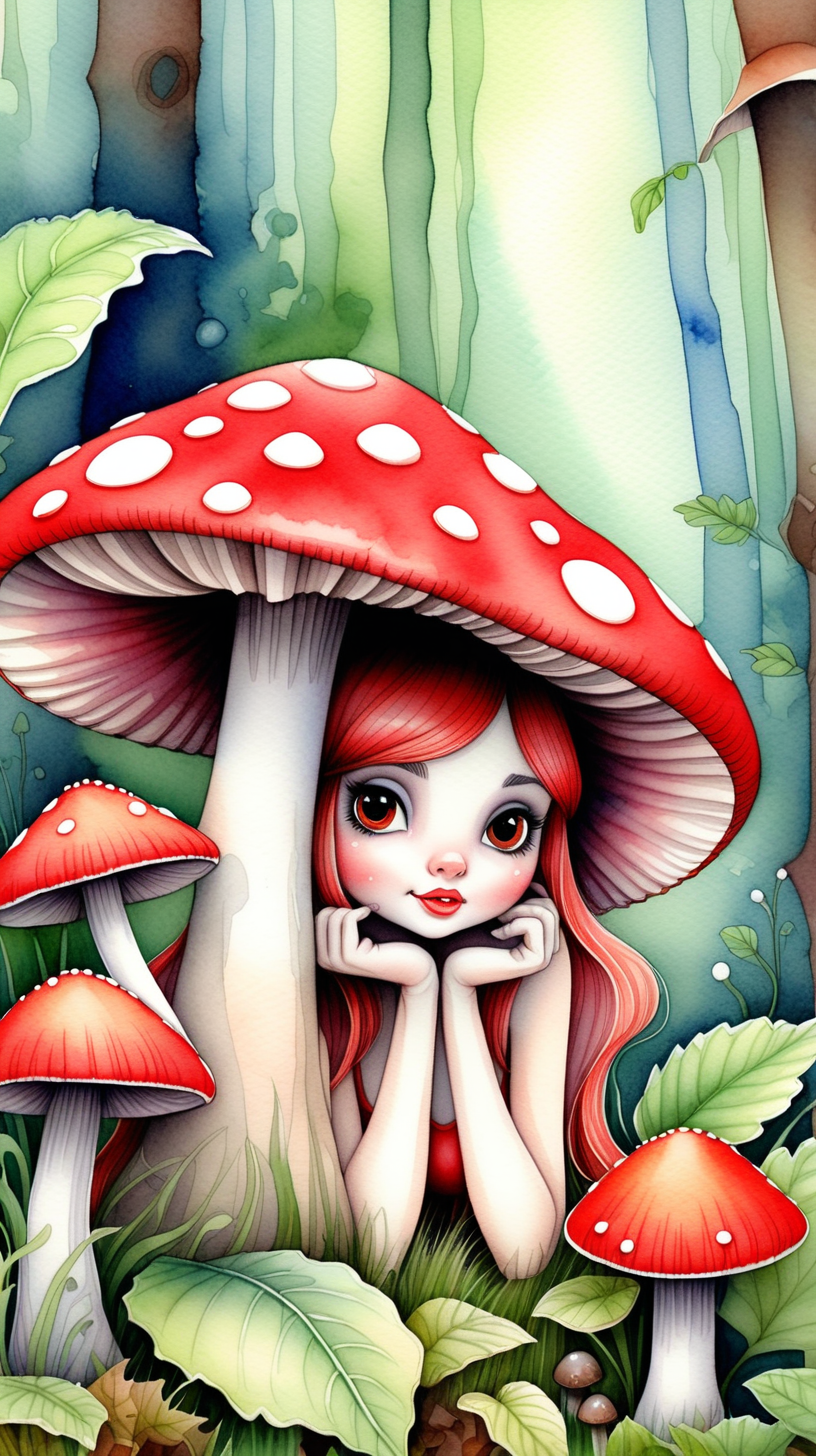 A cute watercolor picture of a fairy sheltering beneath a red mushroom with white dots, she is peaking out from behind the mushroom and is surrounded by lush green foliage.
