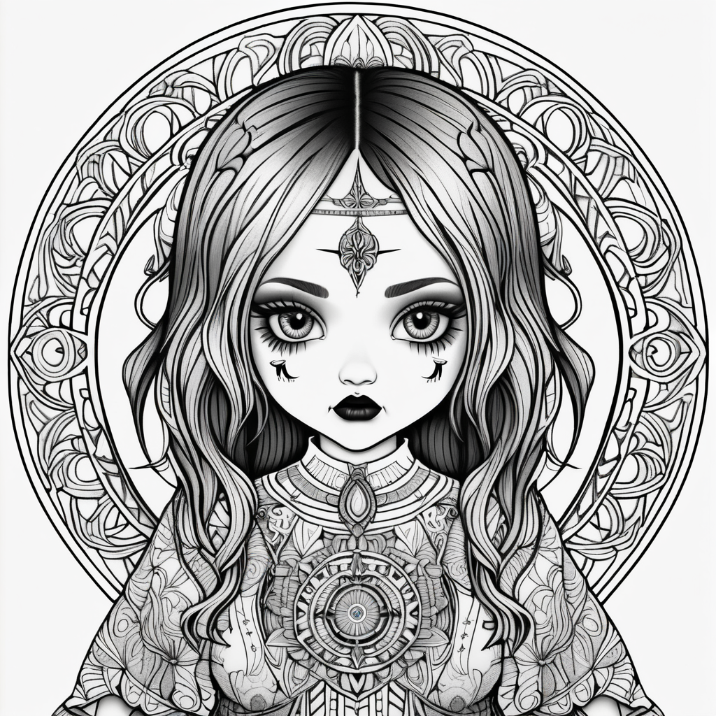 adult coloring page, black & white, strong lines, high details, symmetrical mandala, evil gothic girl doll full body