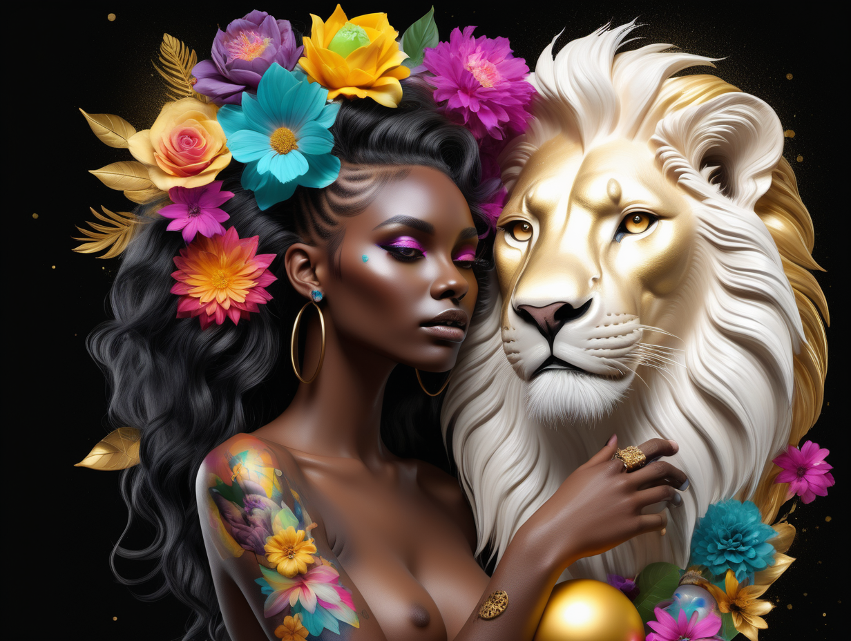 abstract exotic black Model with soft colorful flowers the colors blend into her hair. 
 She is holding a toy top in gold
she is looking at realistic white 
lion
Add more crystal balls floating in the air
add tattoos on her arms and shoulder