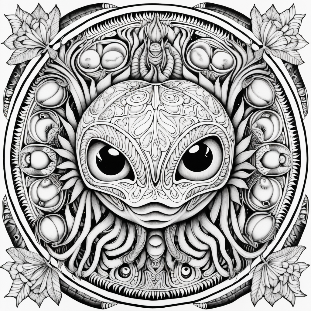 black & white, coloring page, high details, symmetrical mandala, strong lines, alien peach fruit with many eyes
