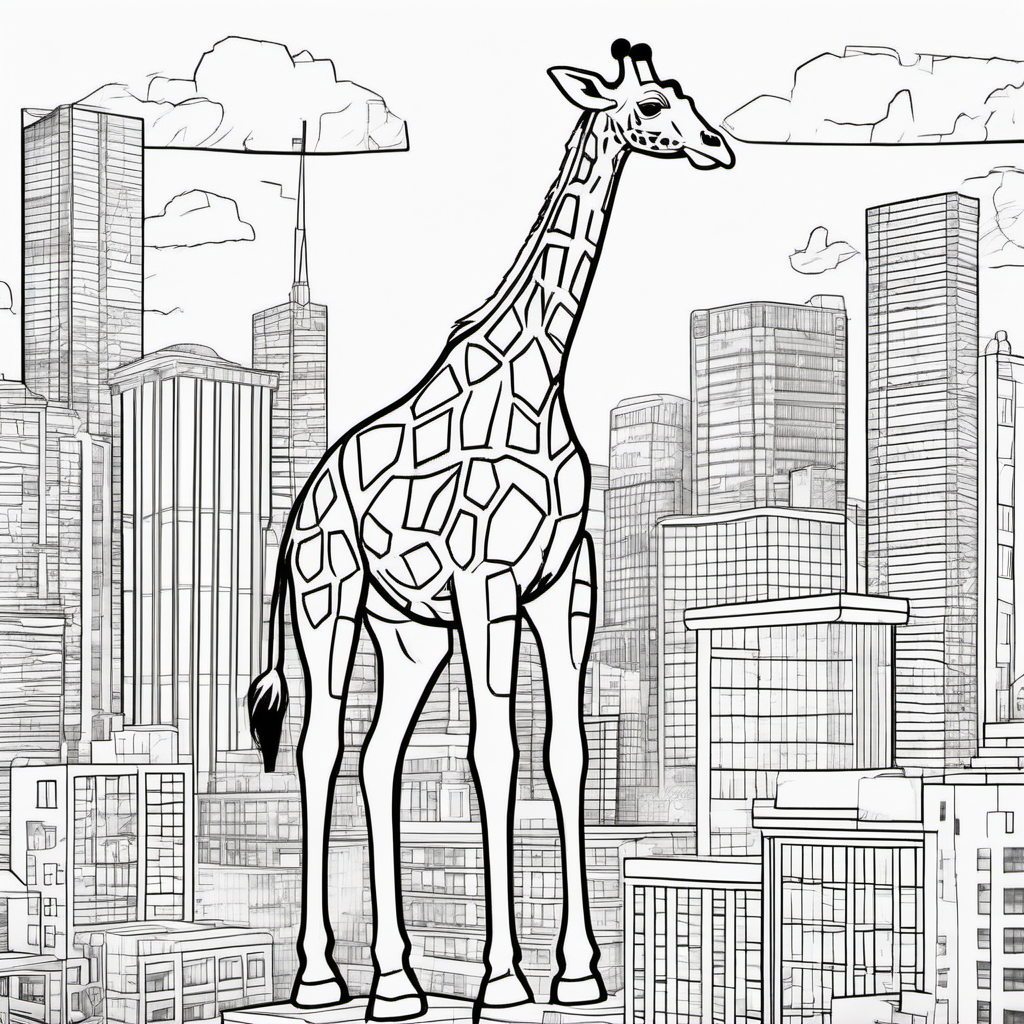 /imagine colouring page for kids, Giraffe Superhero Team, in action-packed cityscape, thick lines, low details, no shading --ar 9:11