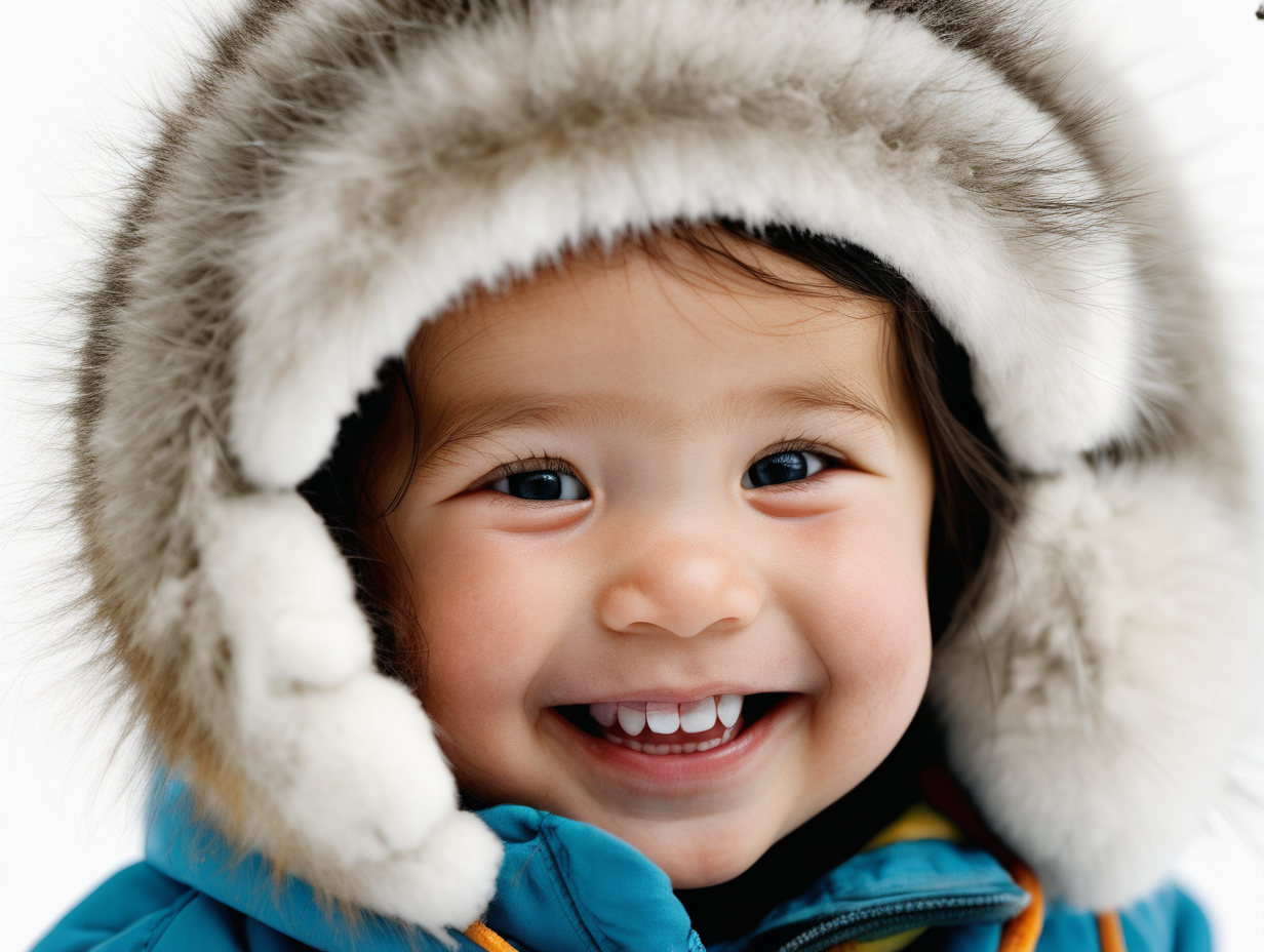 bílé pozadí_reálná tvář_dítě 3 roky_ holka_Eskymaci_Laponsko_usmívají se_je vidět celá hlava


