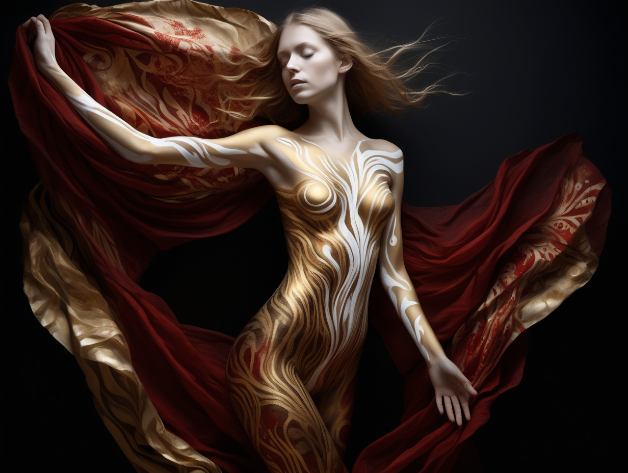 human by juliane schreiner, in the style of intricate underwater worlds, flowing fabrics, dark golden red and light white, intricate body-painting, ultrafine detail, nature-inspired motifs --ar 3:4 --s 750 --v 5. 2 --style raw