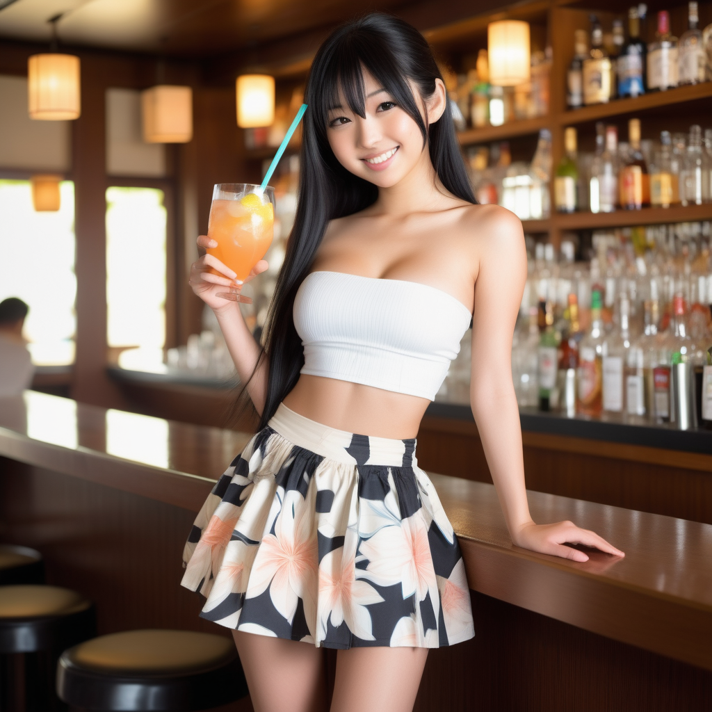 A beautiful, petite, slender, seductive sultry Japanese 18 year old girl, 32DDD breasts, long black hair, tube top, short skirt, smile, sunny, breezy, bar, holding cocktail