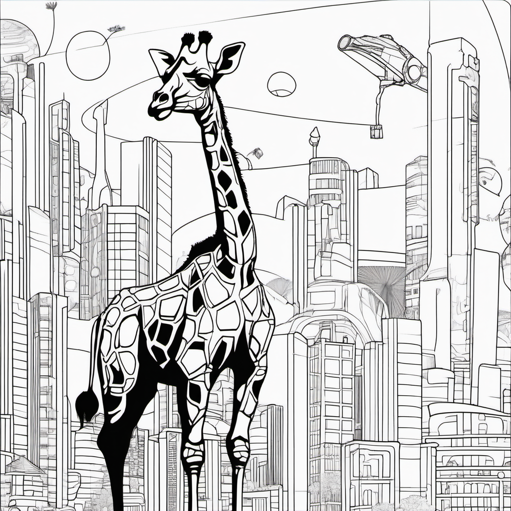 /imagine colouring page for kids, Giraffe in a futuristic city, thick lines, low details, no shading --ar 9:11