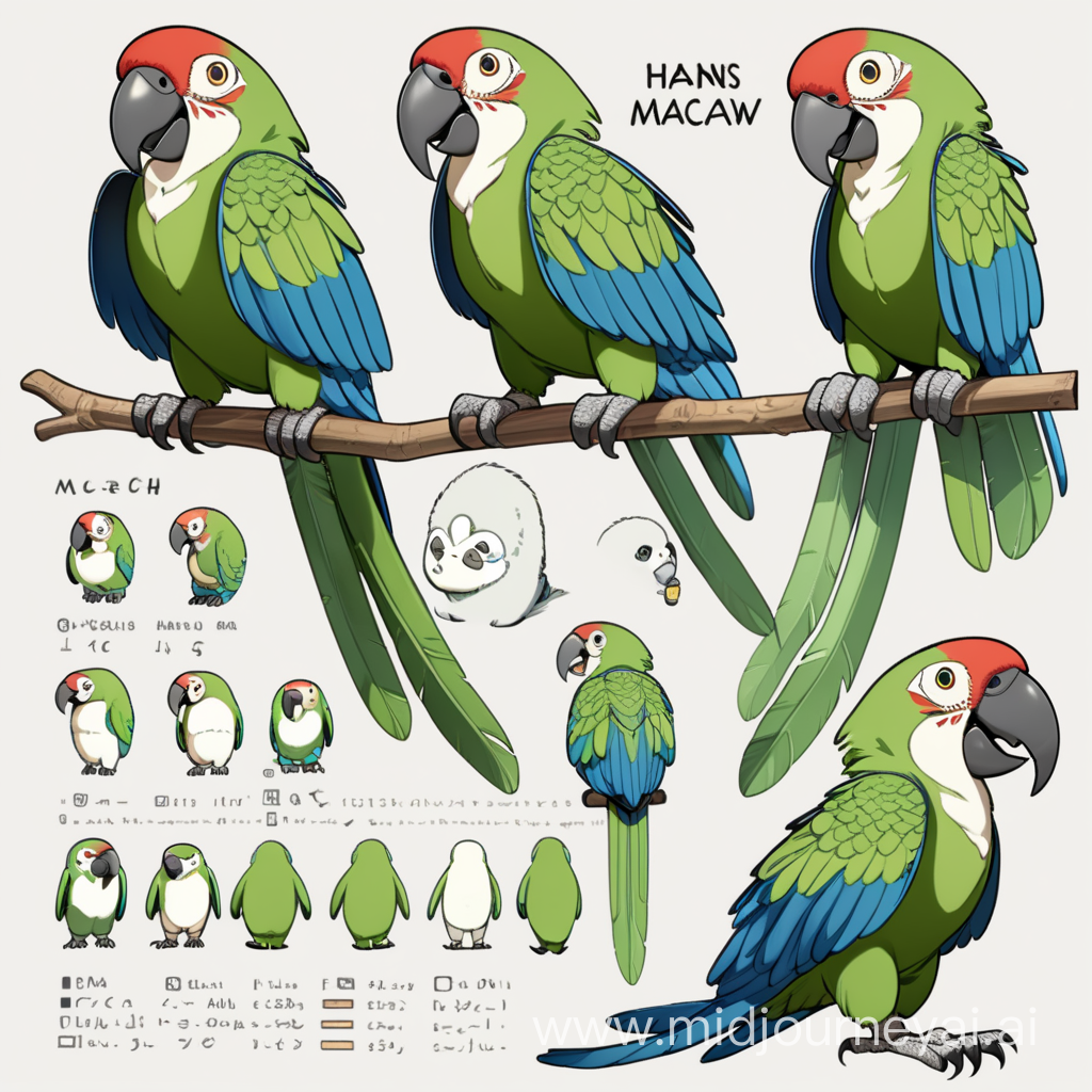 hahns macaw, character sheet, cute, Ghibli style, pengin