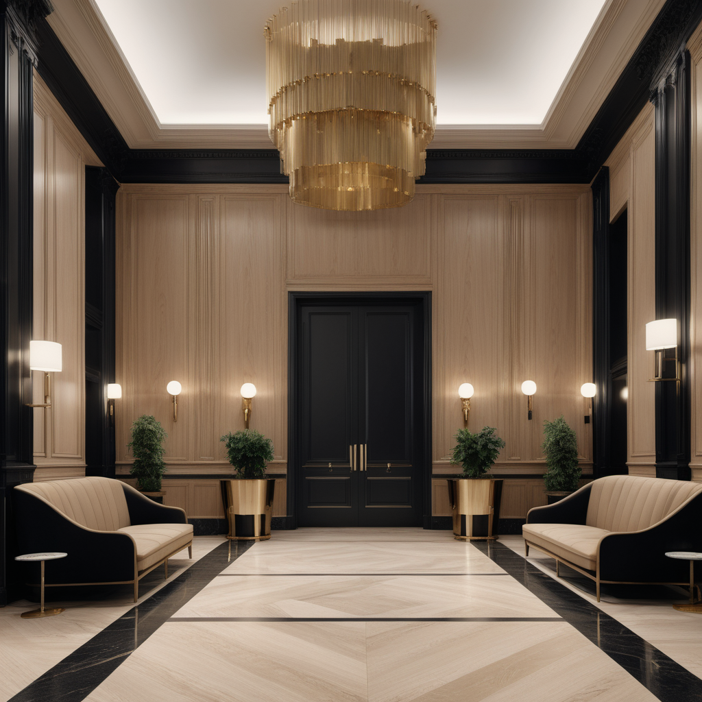 A hyperrealistic image a grand Modern Parisian hotel lobby in a beige oak brass and black colour palette