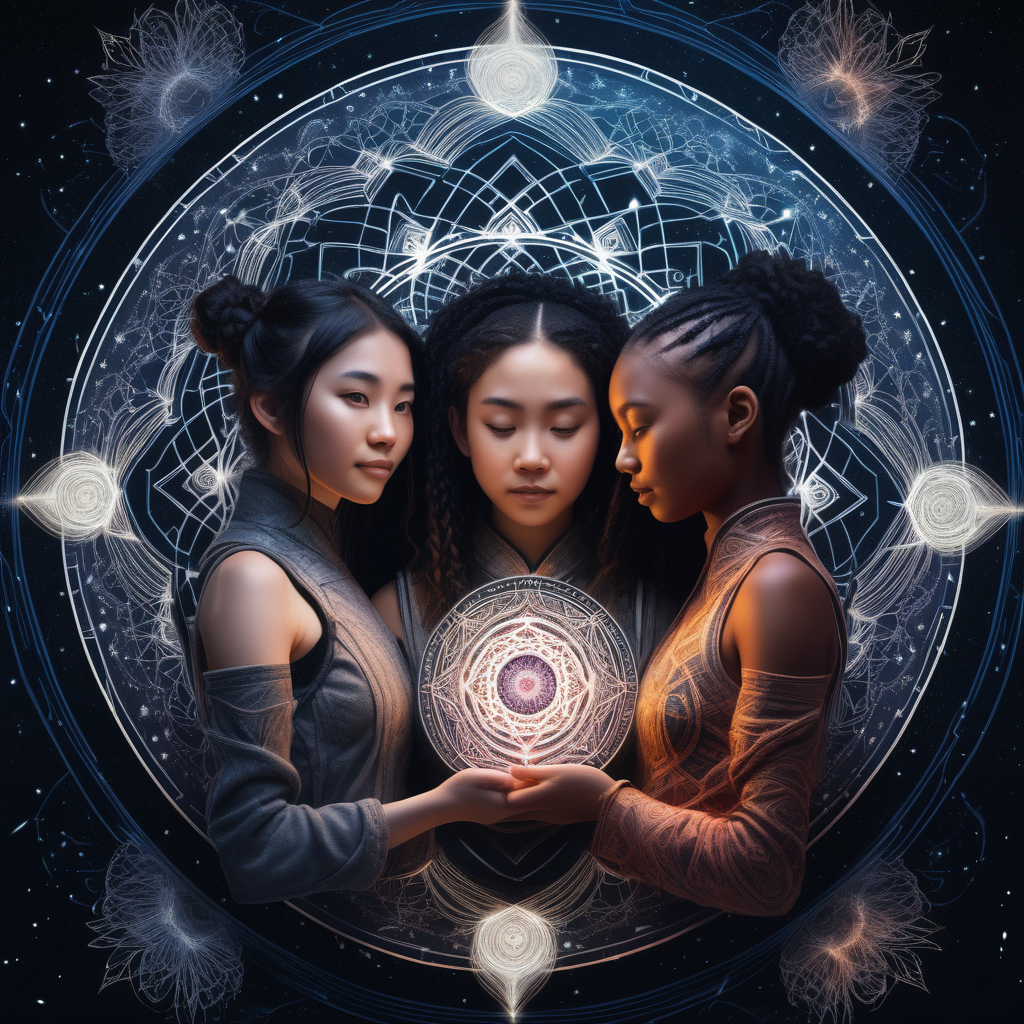 book cover design for a sci-fi story about love between three young women, one black, one white, one Asian, in the middle of a mandala made of glowing threads of fate